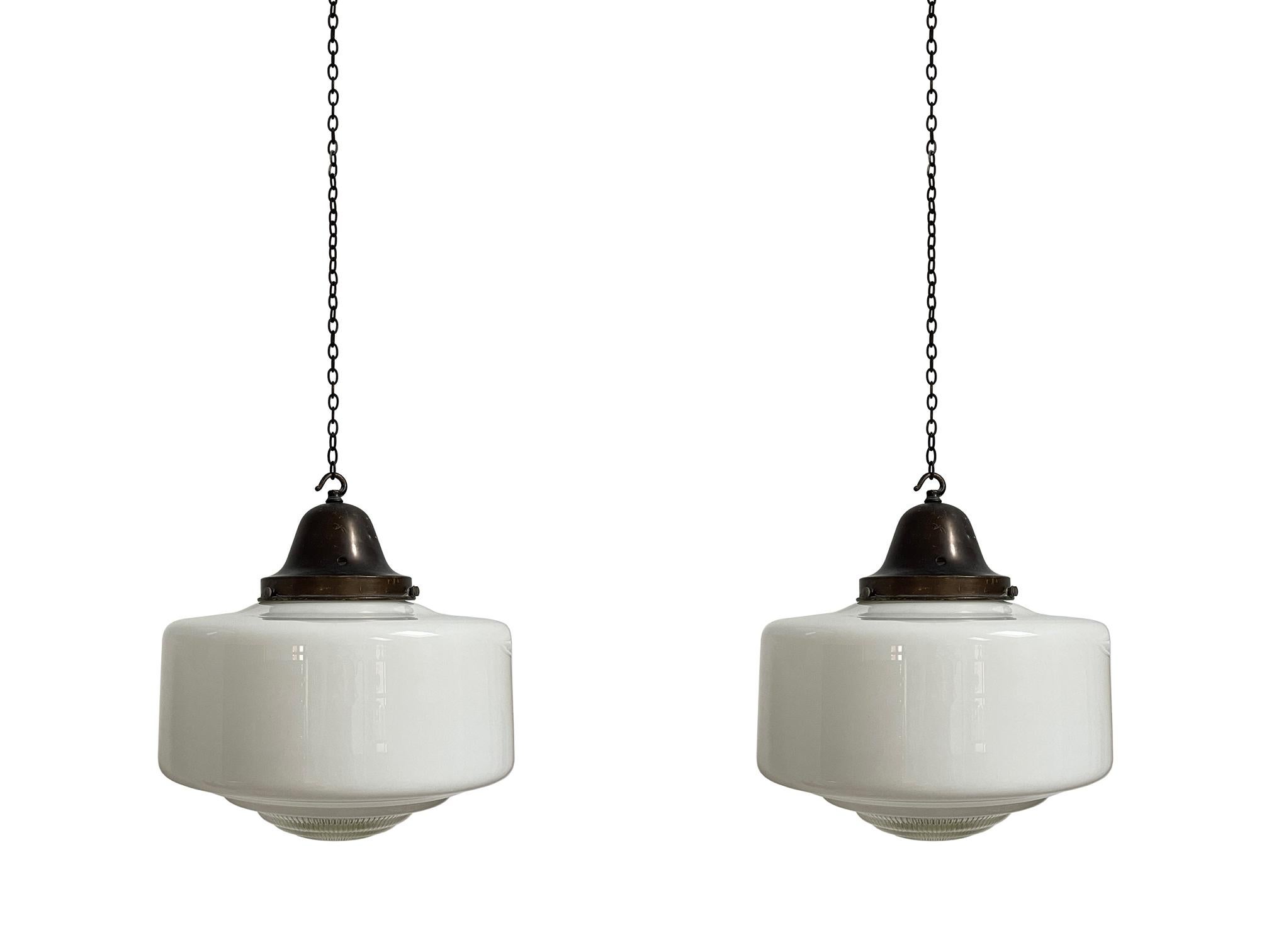 Pair Two Large Antique Diffused Opaline Milk Glass Ceiling Pendants Light Lamps In Good Condition For Sale In Sale, GB