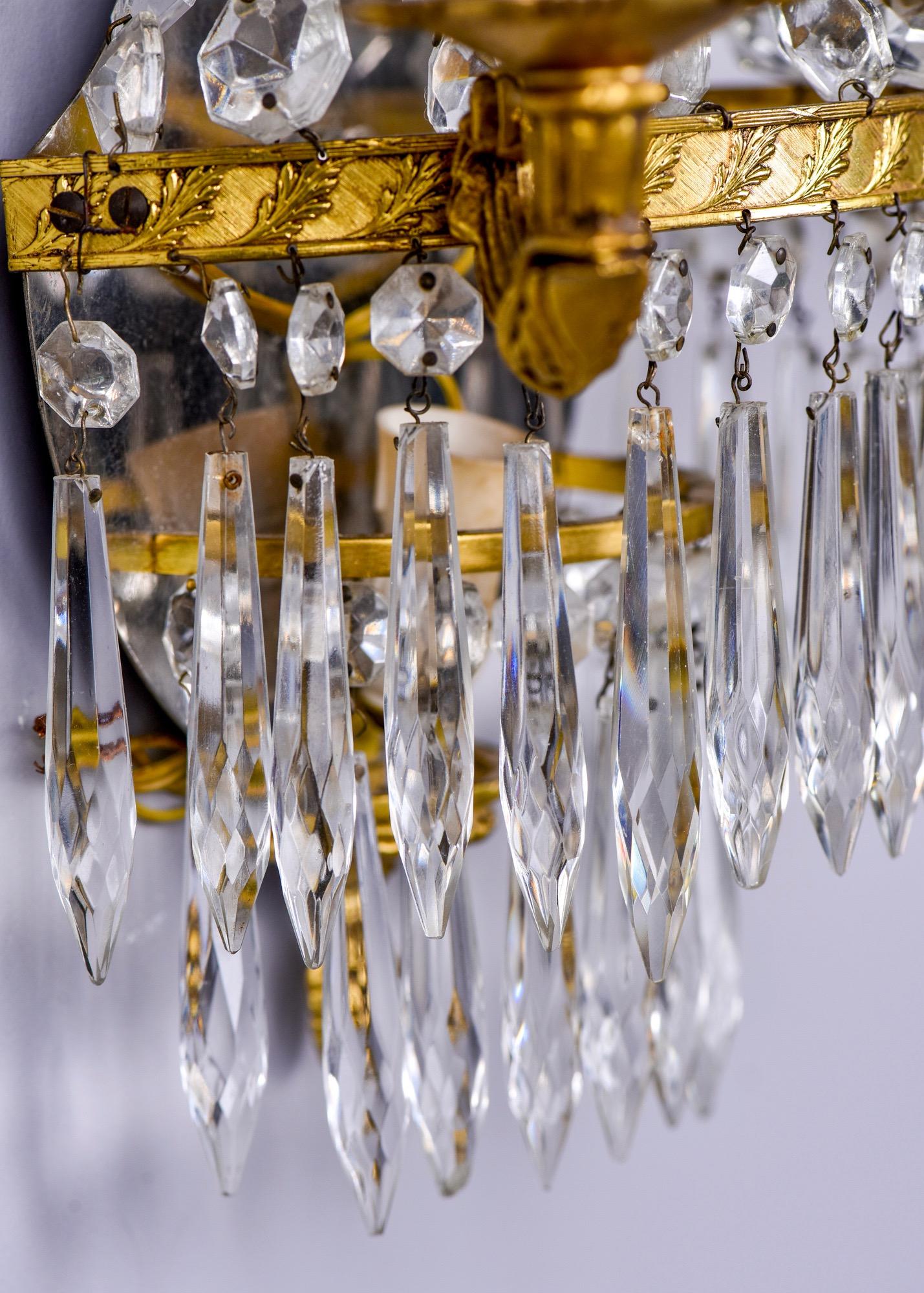 English Pair of Two-Light Brass and Crystal Waterfall Sconces