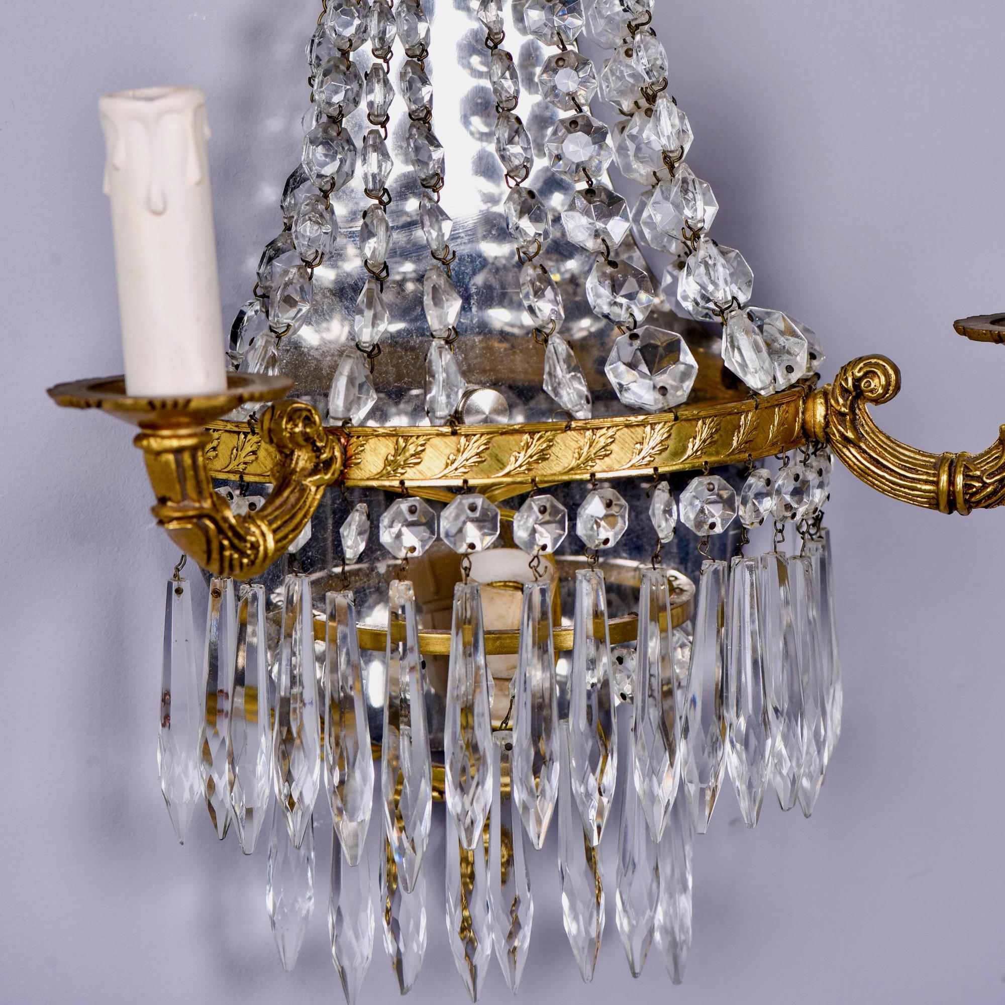 Pair of Two-Light Brass and Crystal Waterfall Sconces In Good Condition In Troy, MI