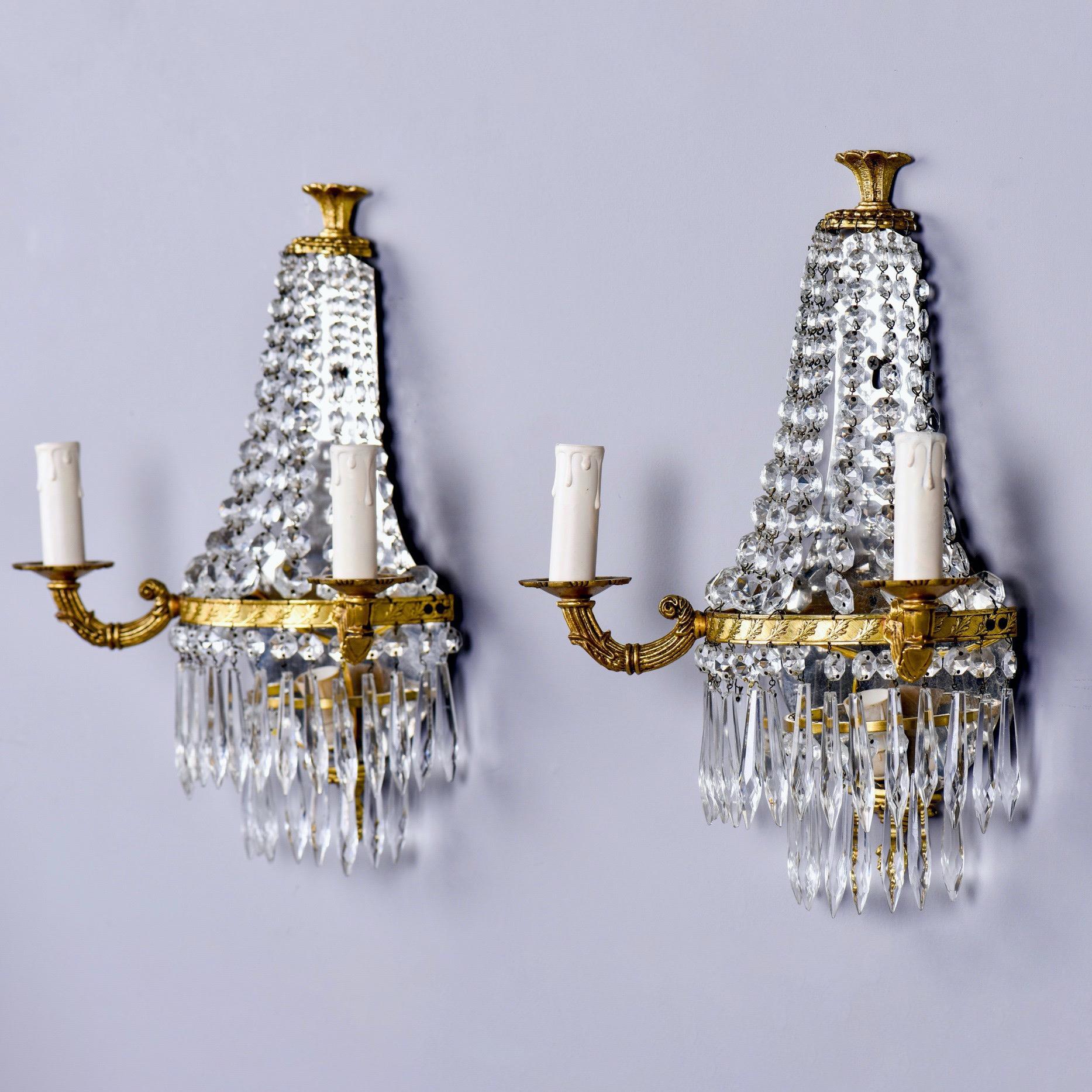 20th Century Pair of Two-Light Brass and Crystal Waterfall Sconces