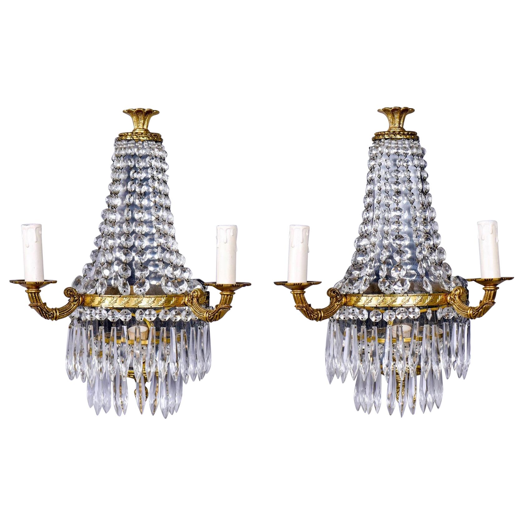 Pair of Two-Light Brass and Crystal Waterfall Sconces