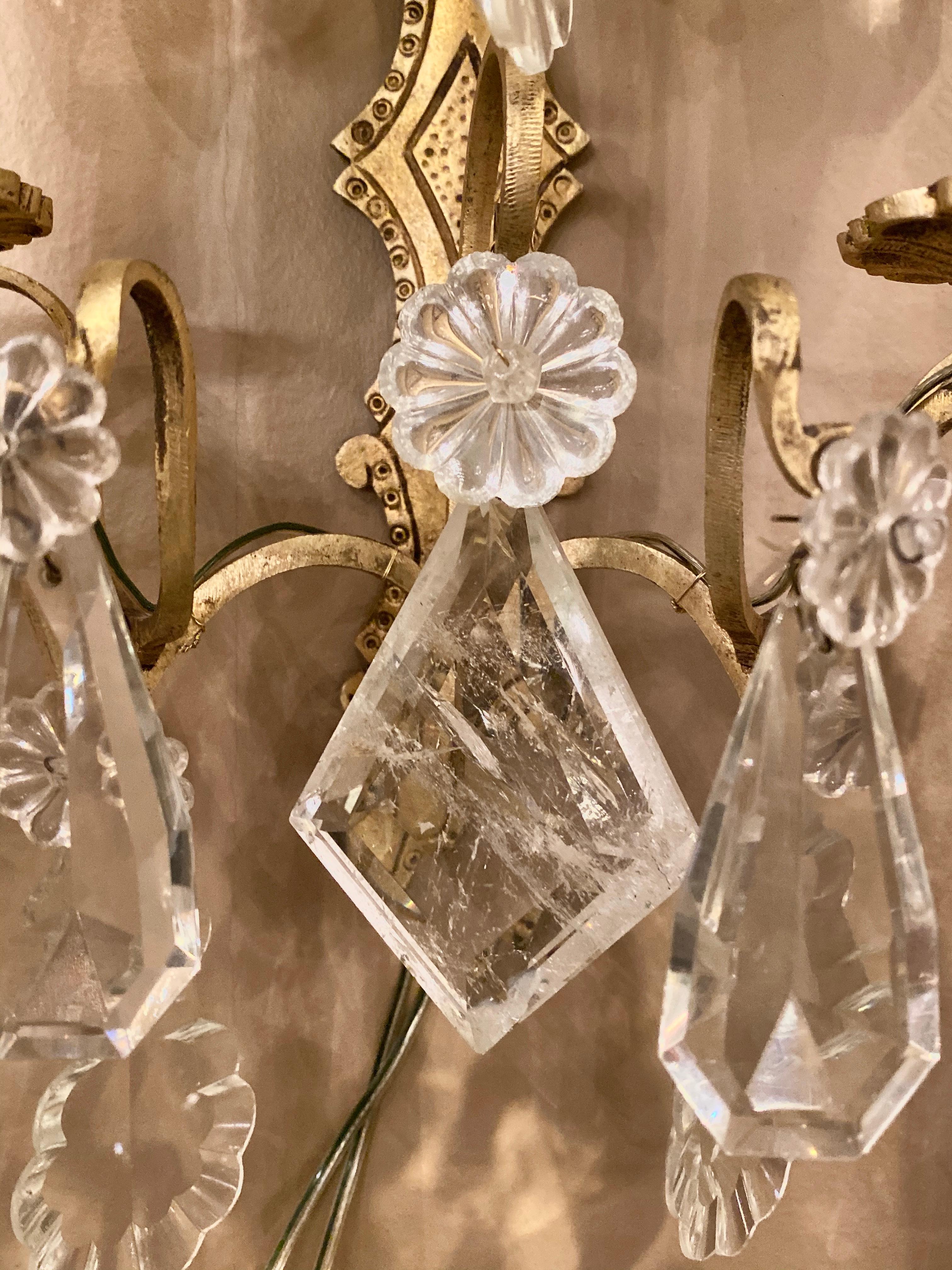 Belle Époque Pair of Two-Light Covered Mixed Crystal and Rock Crystal Bronze Wall Sconces For Sale