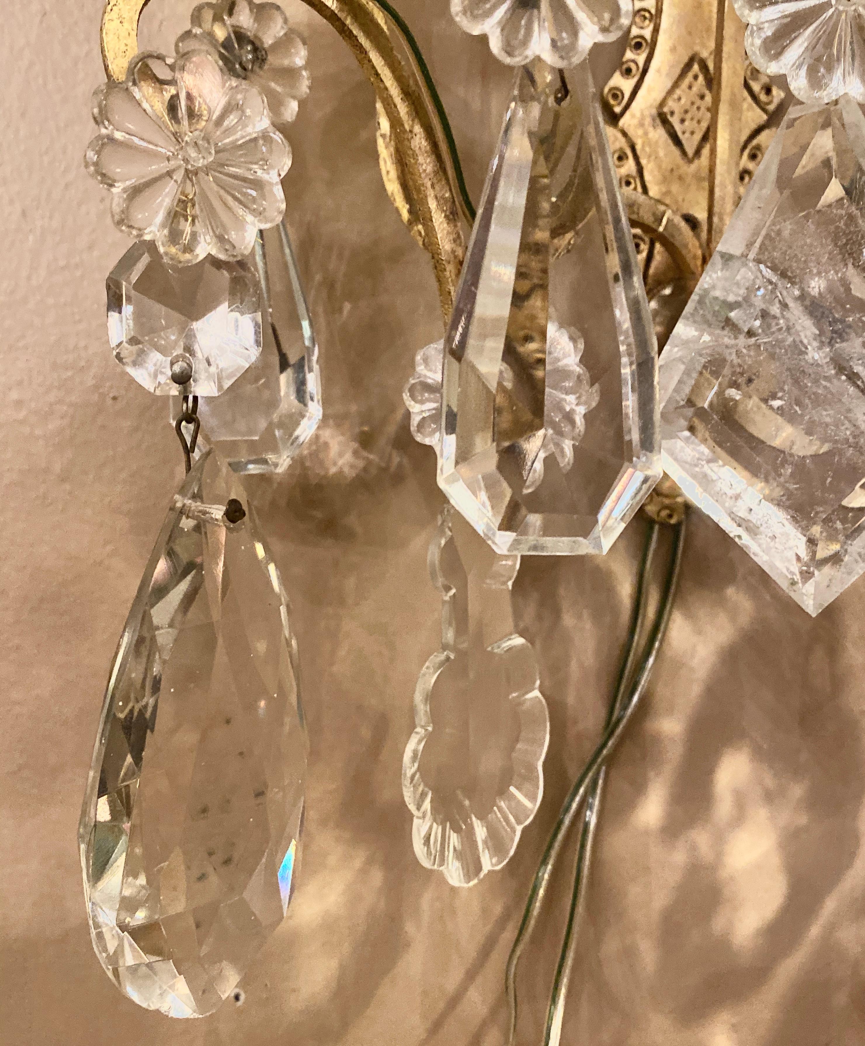 Pair of Two-Light Covered Mixed Crystal and Rock Crystal Bronze Wall Sconces In Good Condition For Sale In Manhasset, NY