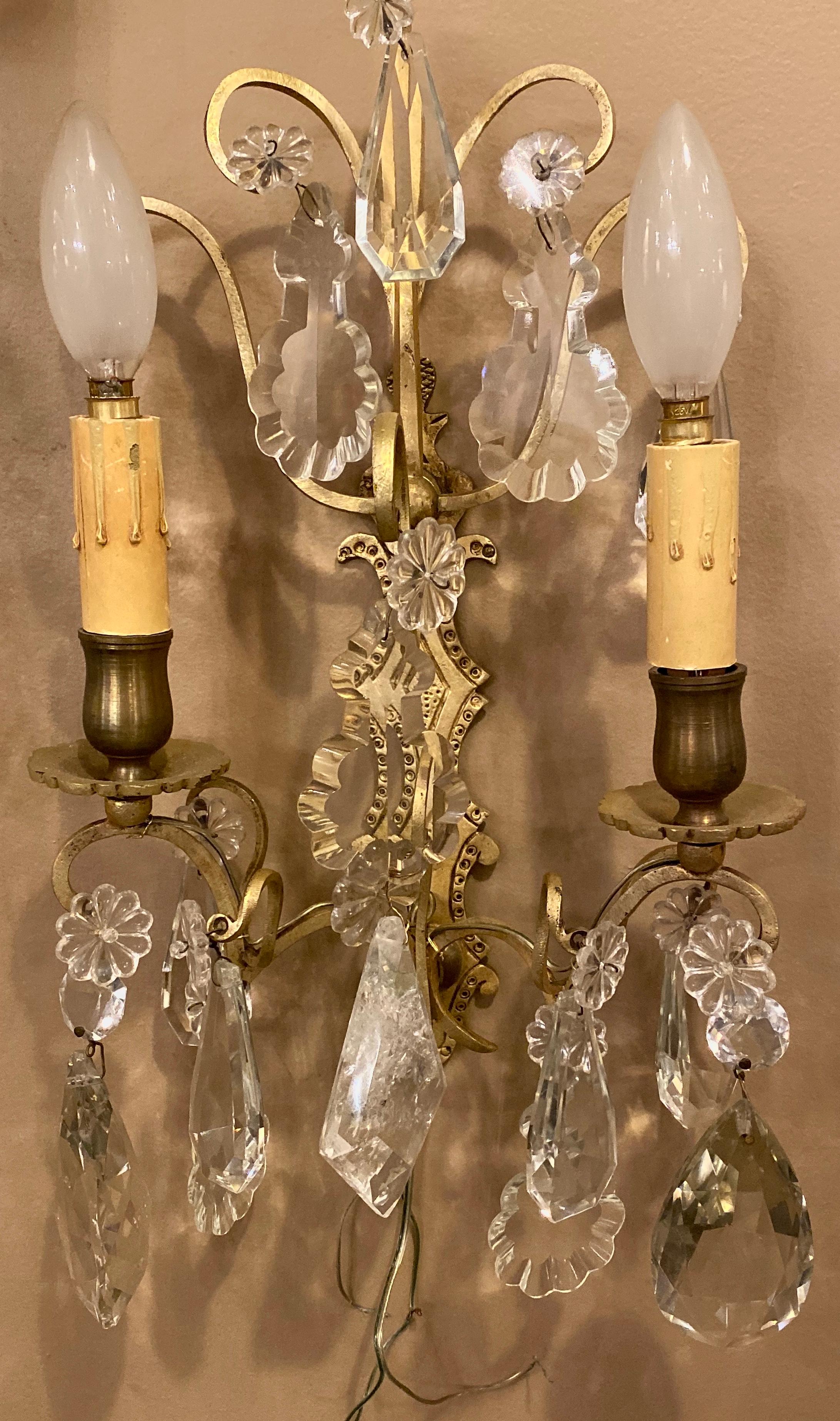 20th Century Pair of Two-Light Covered Mixed Crystal and Rock Crystal Bronze Wall Sconces For Sale