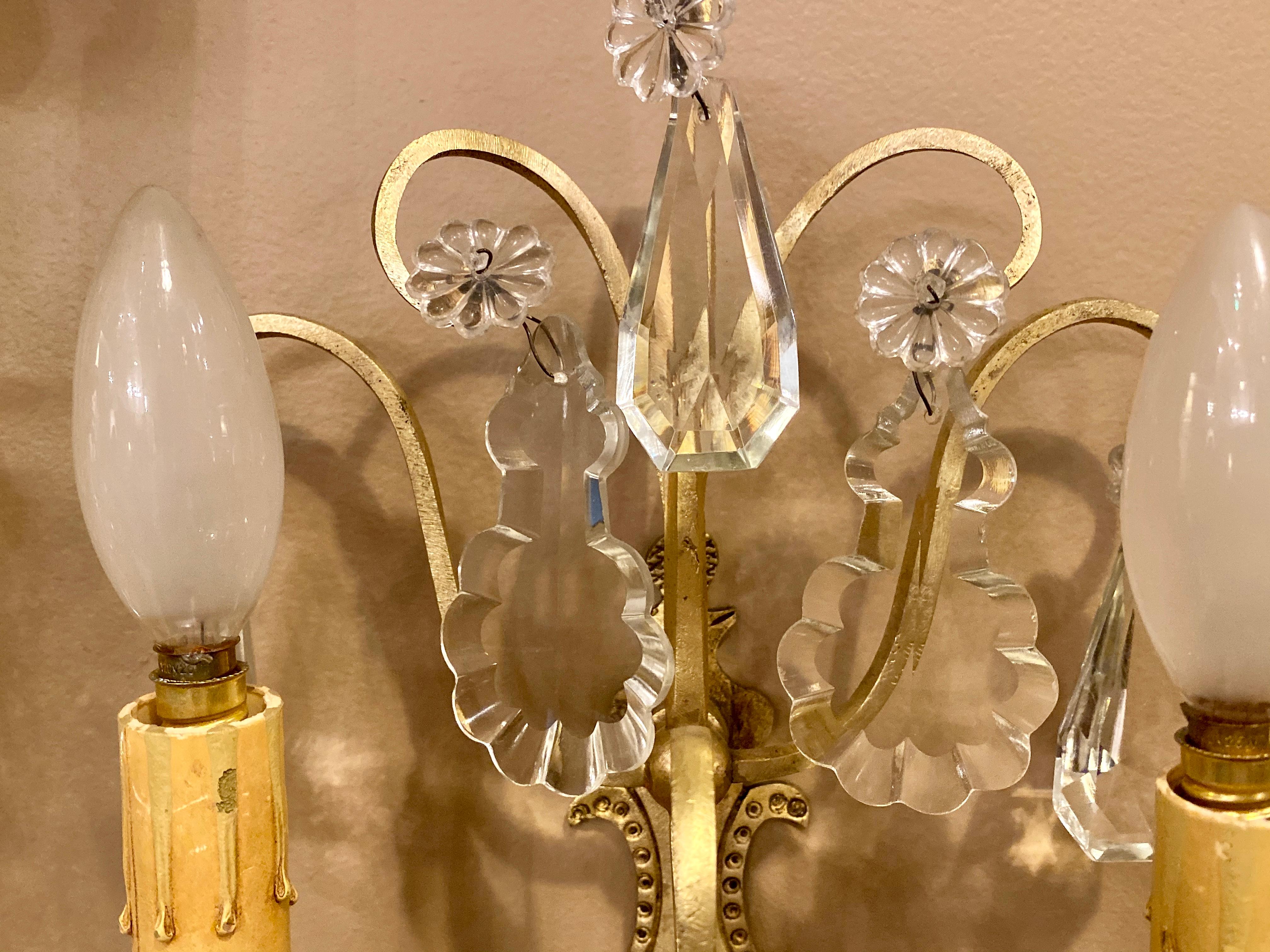 Pair of Two-Light Covered Mixed Crystal and Rock Crystal Bronze Wall Sconces For Sale 2