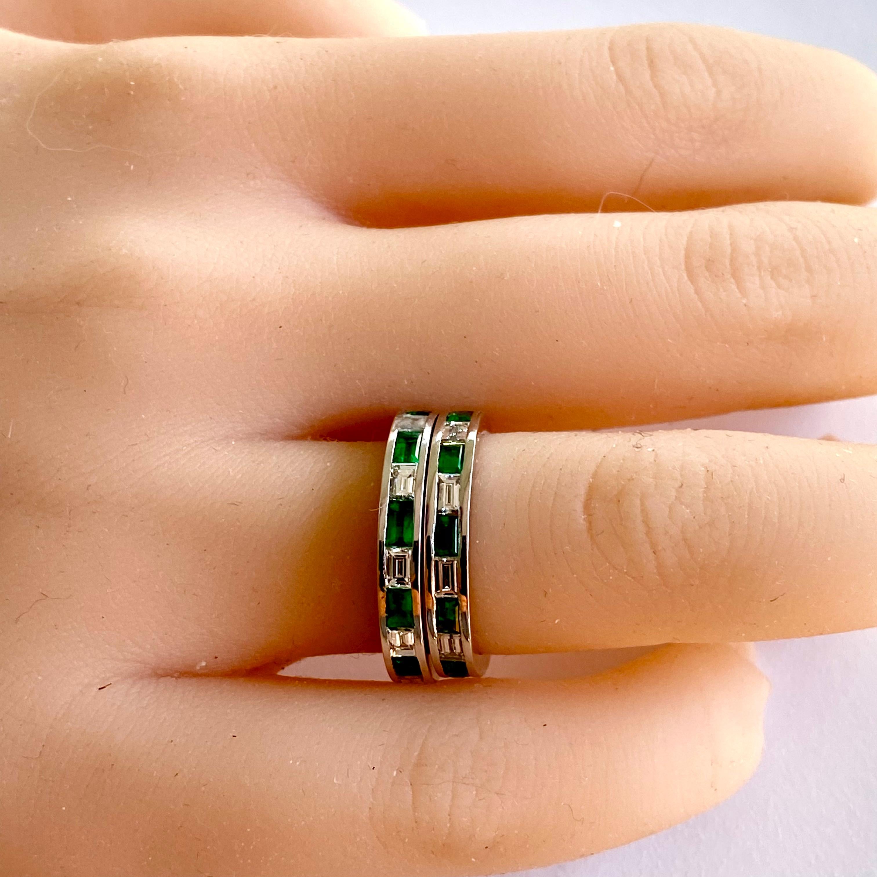 Pair Two Platinum Baguette Emeralds Diamonds 5.10 Carat Total Eternity Bands For Sale 6