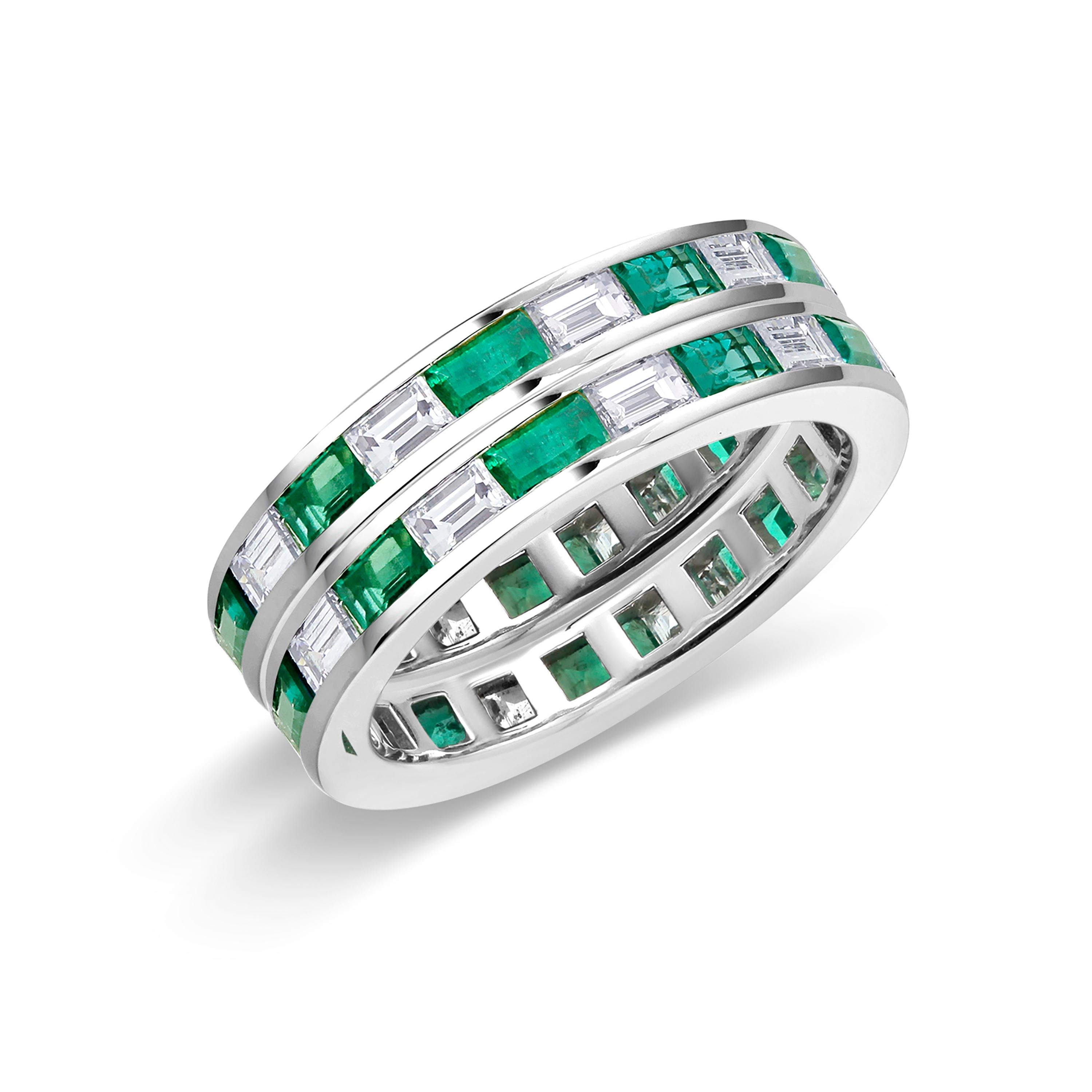 Contemporary Pair Two Platinum Baguette Emeralds Diamonds 5.10 Carat Total Eternity Bands For Sale