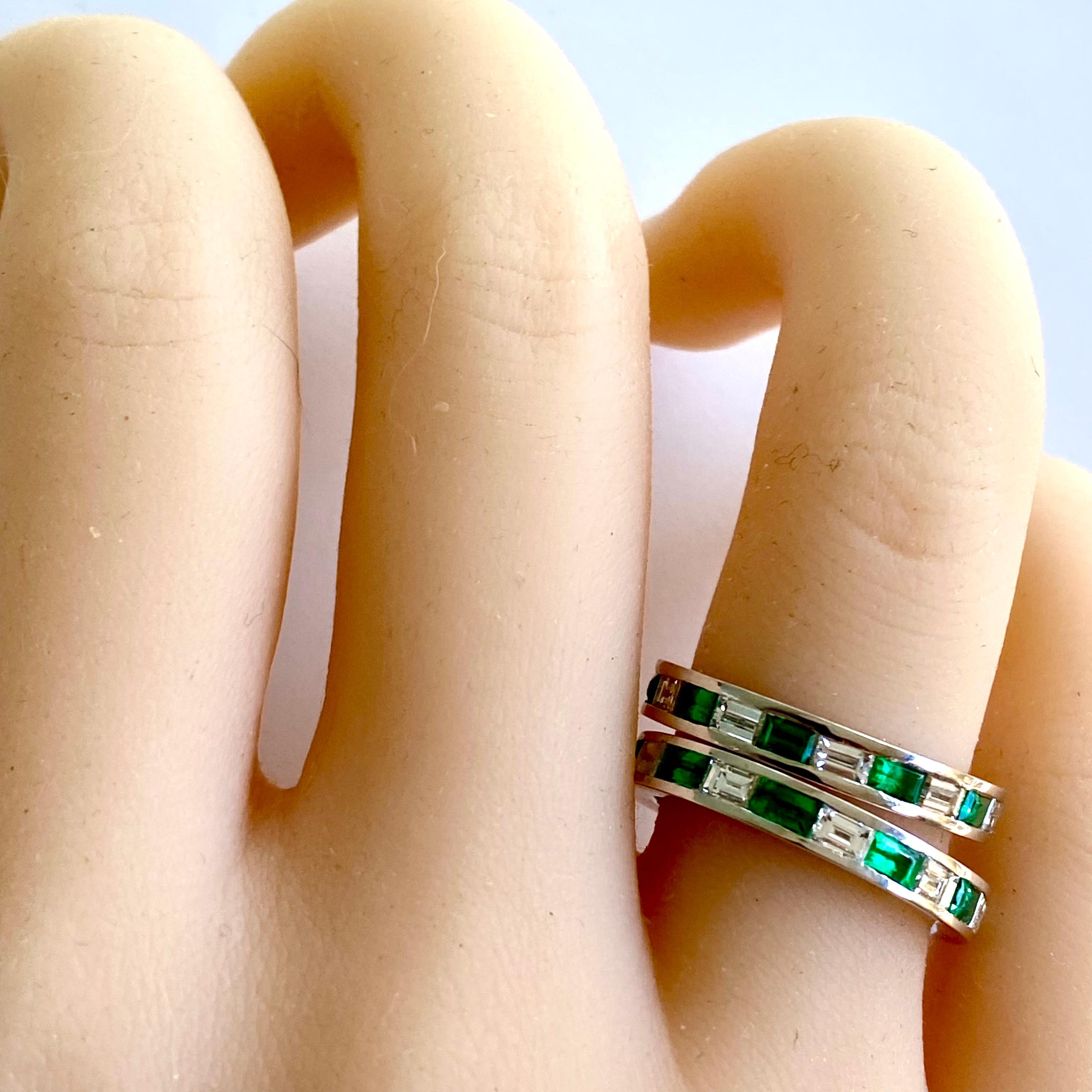 Pair Two Platinum Baguette Emeralds Diamonds 5.10 Carat Total Eternity Bands For Sale 2