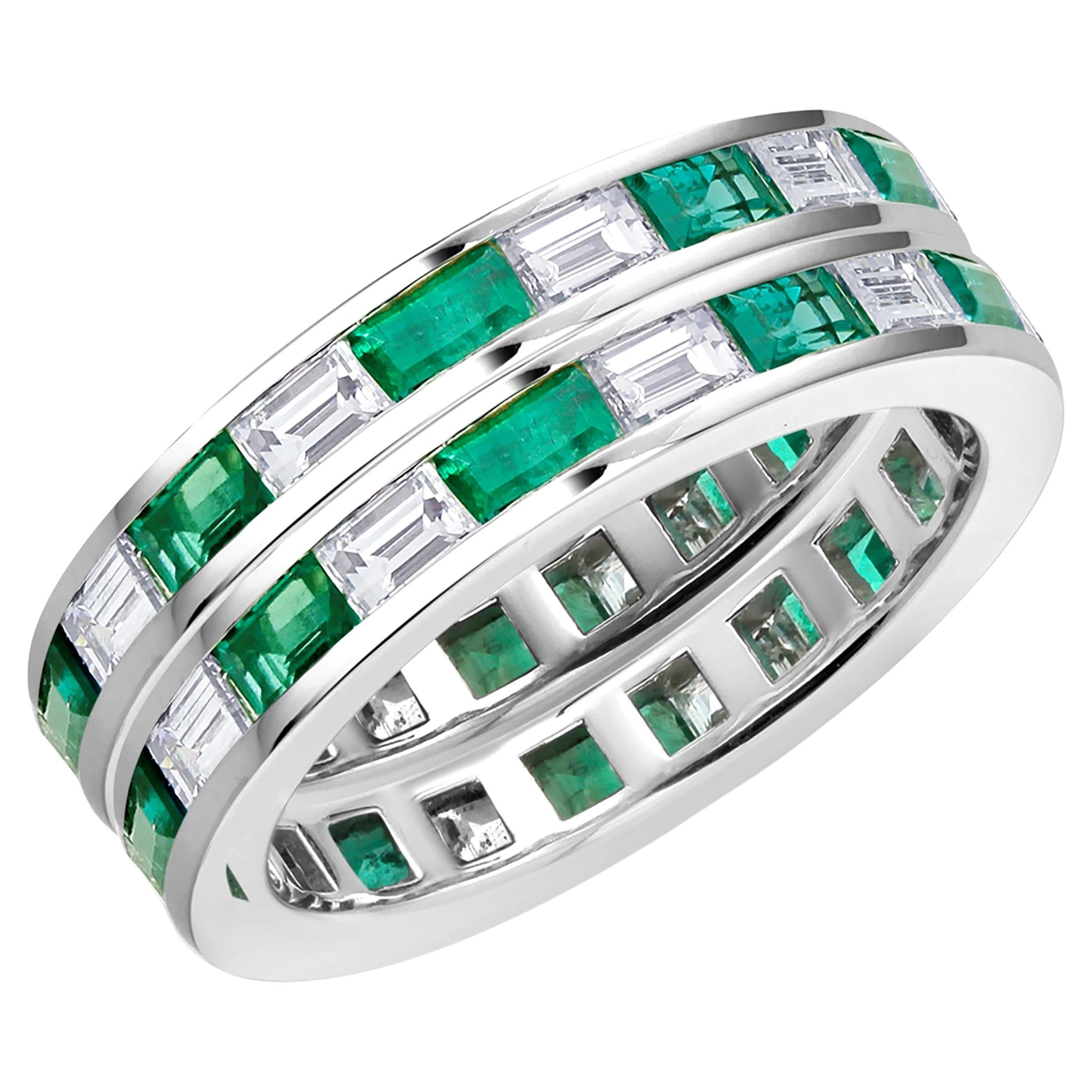 Pair Two Platinum Baguette Emeralds Diamonds 5.10 Carat Total Eternity Bands For Sale