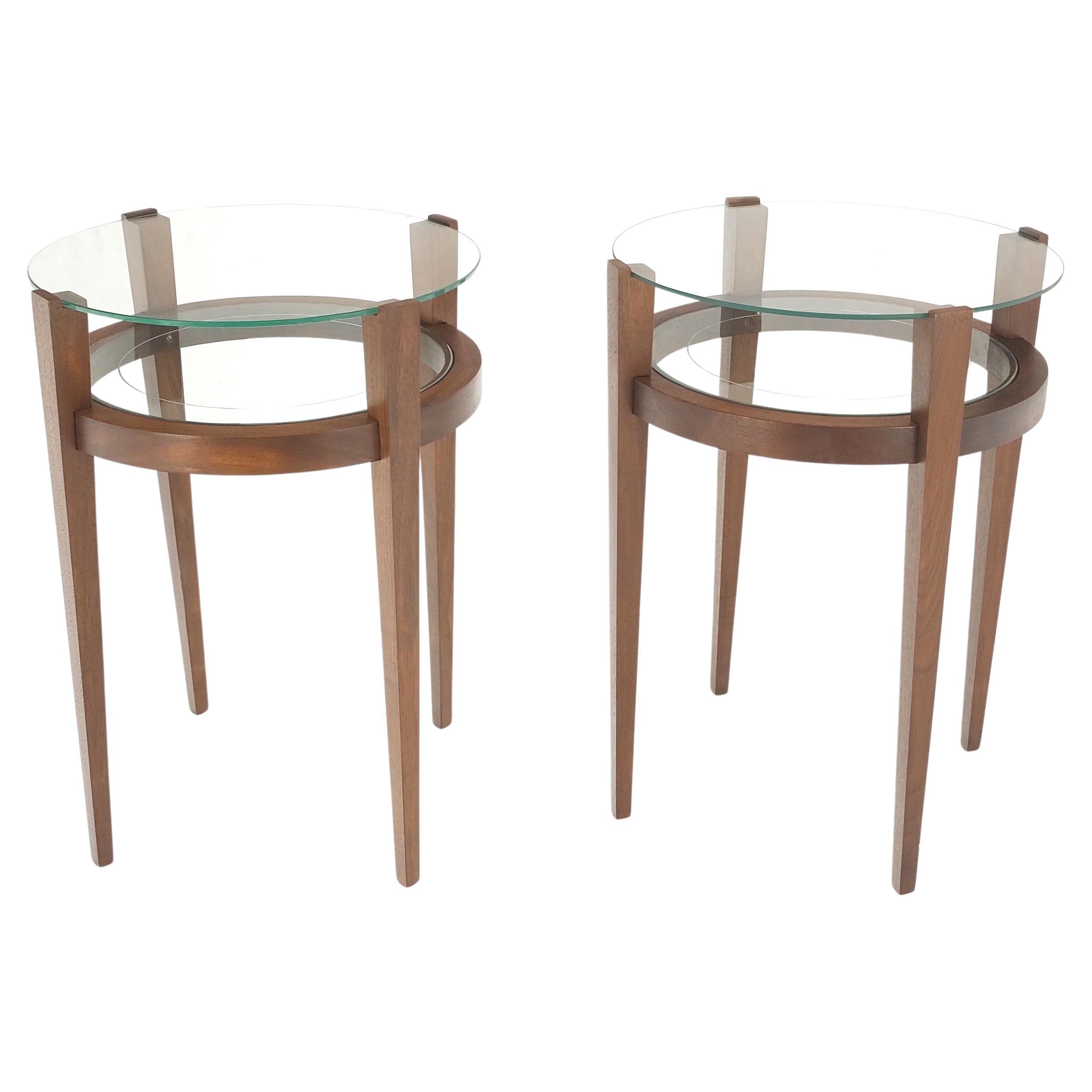 Pair Two Tier Glass Top  Shelf Oiled Walnut Round End Side Occasional Table MINT For Sale