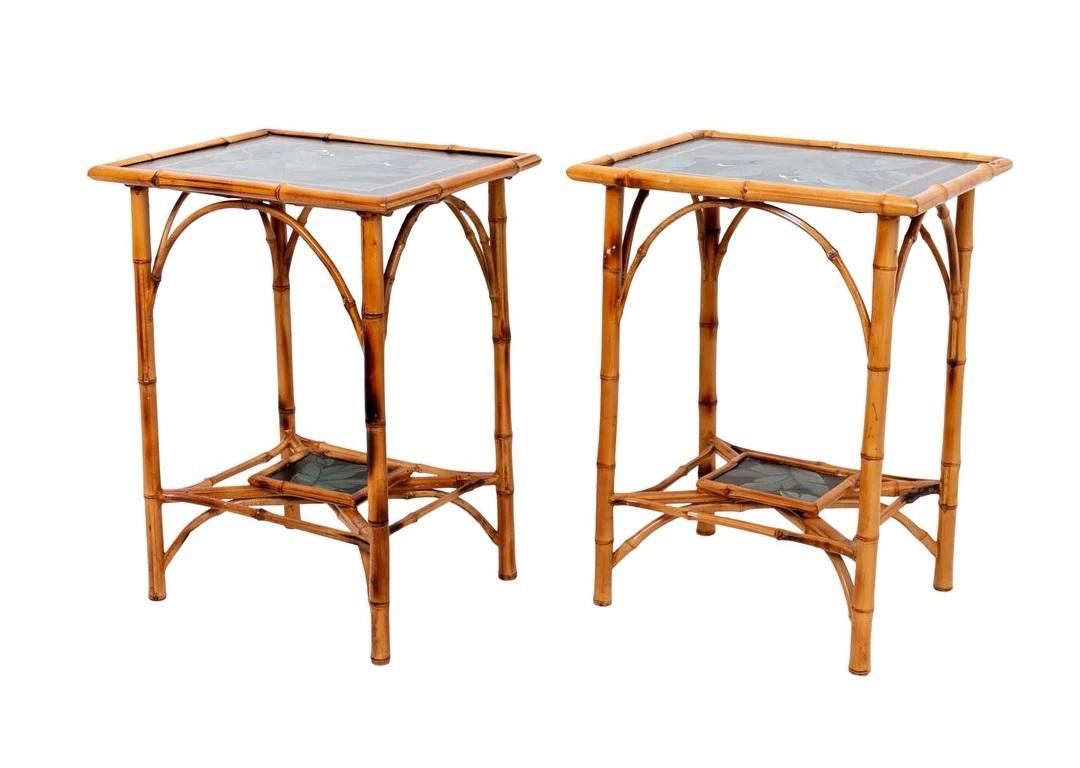 Hollywood Regency Pair Two Tier Tropical Bamboo Side Tables For Sale