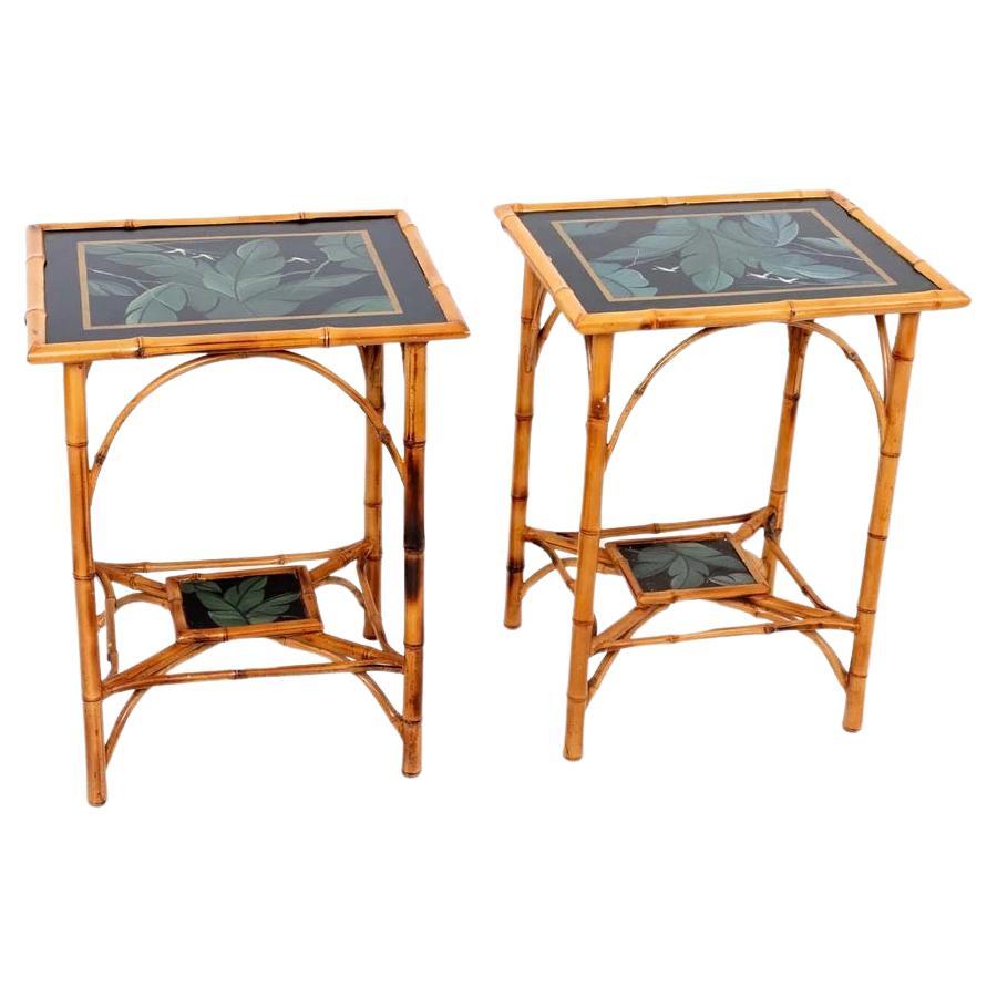 Pair Two Tier Tropical Bamboo Side Tables For Sale