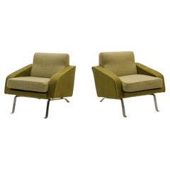 Pair Two Tone Green Italian Lounge Chairs with Chrome Legs. 