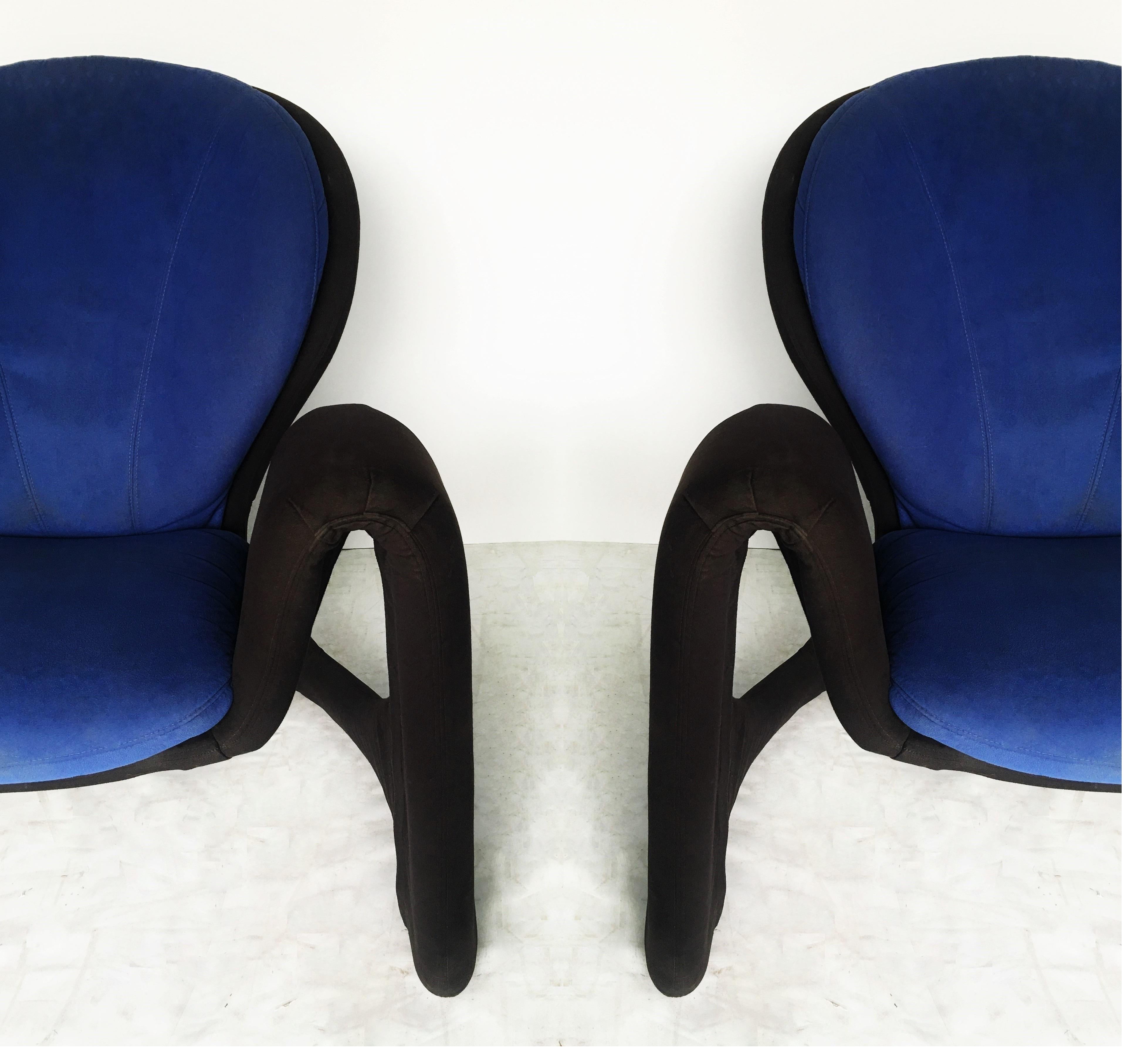 Simple yet stunning design, circa late 1980s-early 1990s lounge chair, unmarked but very much in the style of Jaymar Pierre Paulin Louis Durot. Professionally upholstered in black and blue. These make a gorgeous statement with their sculptural