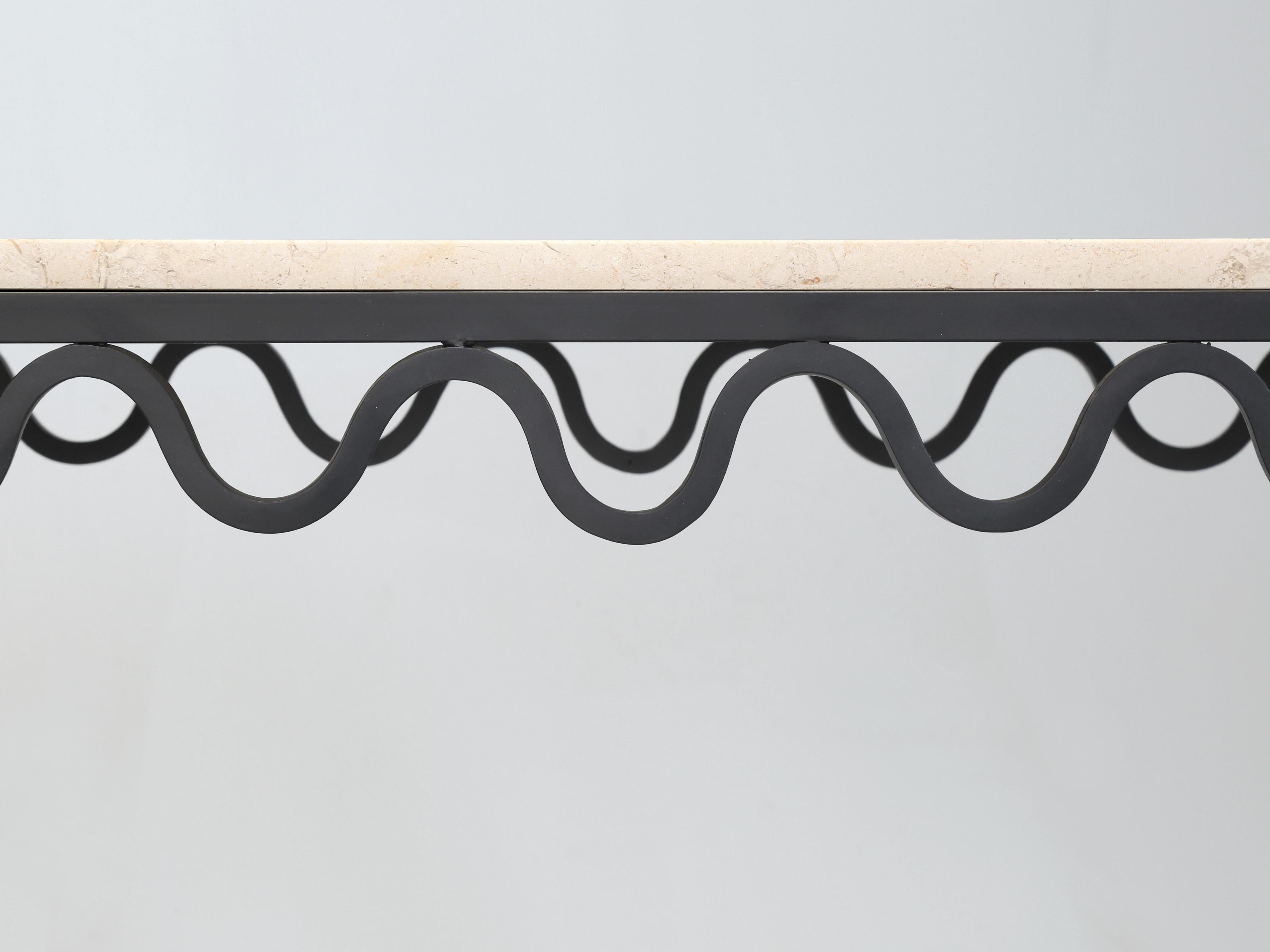 Pair Undulating 'Méandre' Wrought Iron and Limestone Consoles by Design Frères For Sale 2