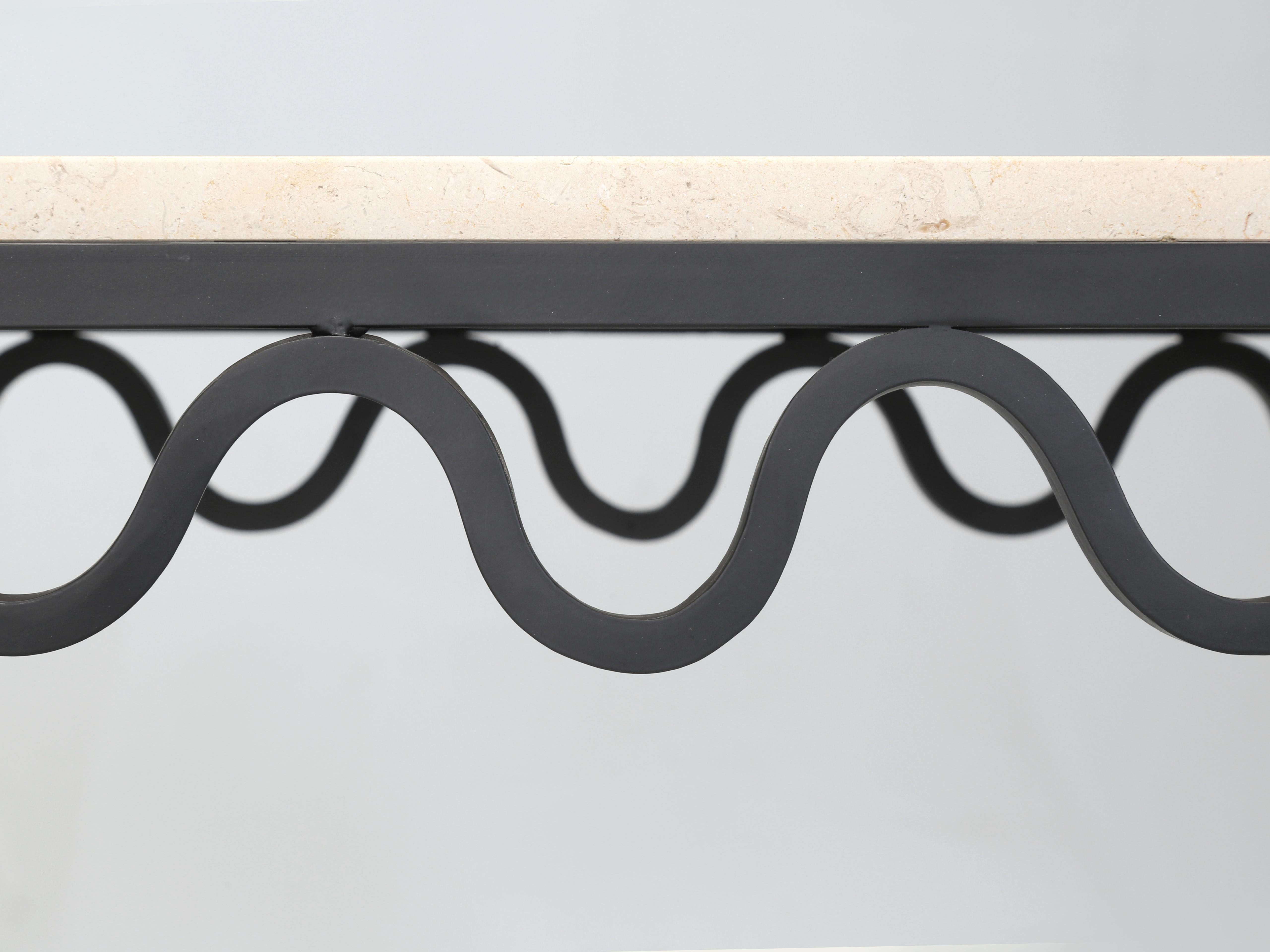 Pair Undulating 'Méandre' Wrought Iron and Limestone Consoles by Design Frères For Sale 3