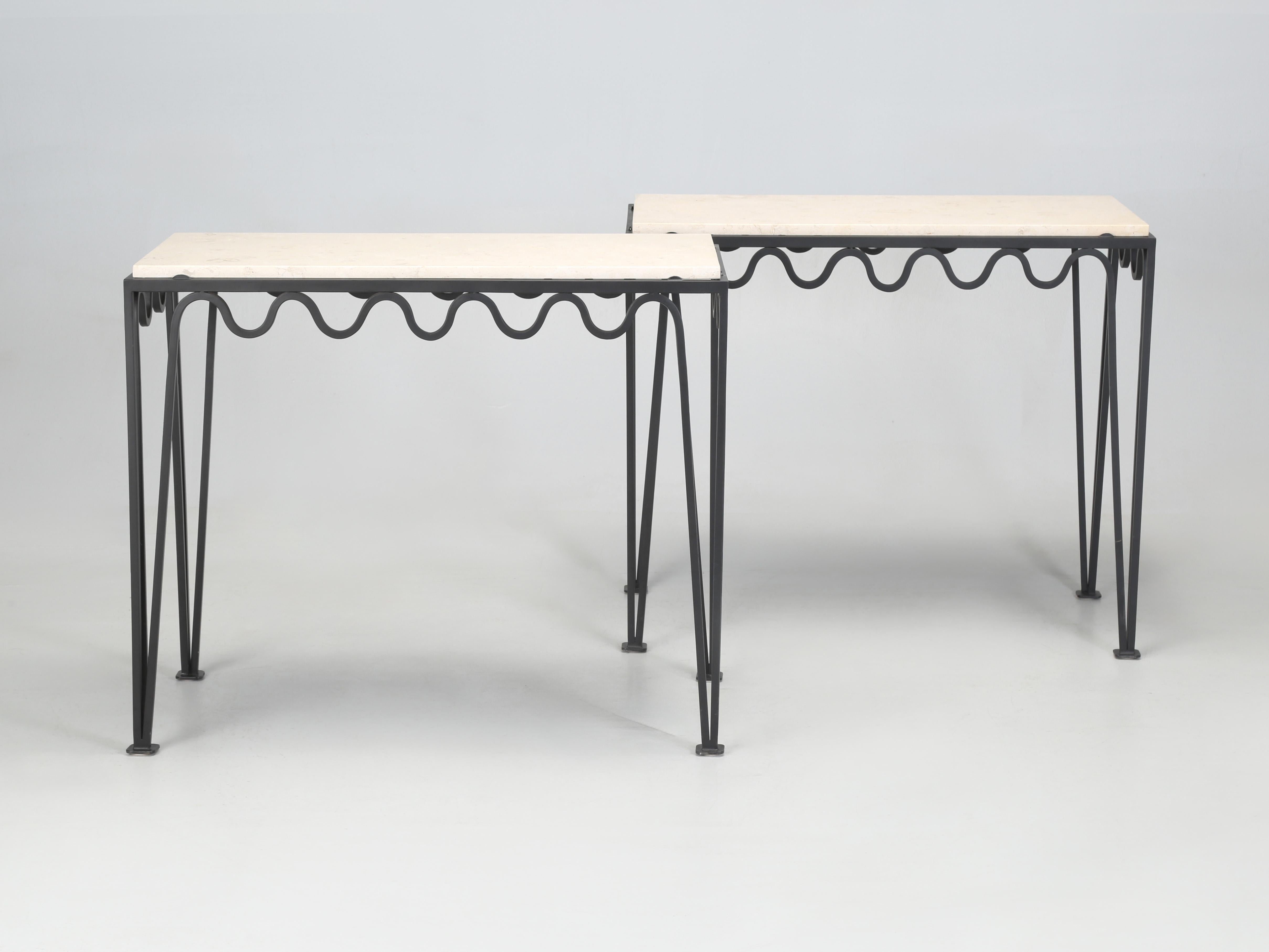 Mid-Century Modern Pair Undulating 'Méandre' Wrought Iron and Limestone Consoles by Design Frères For Sale