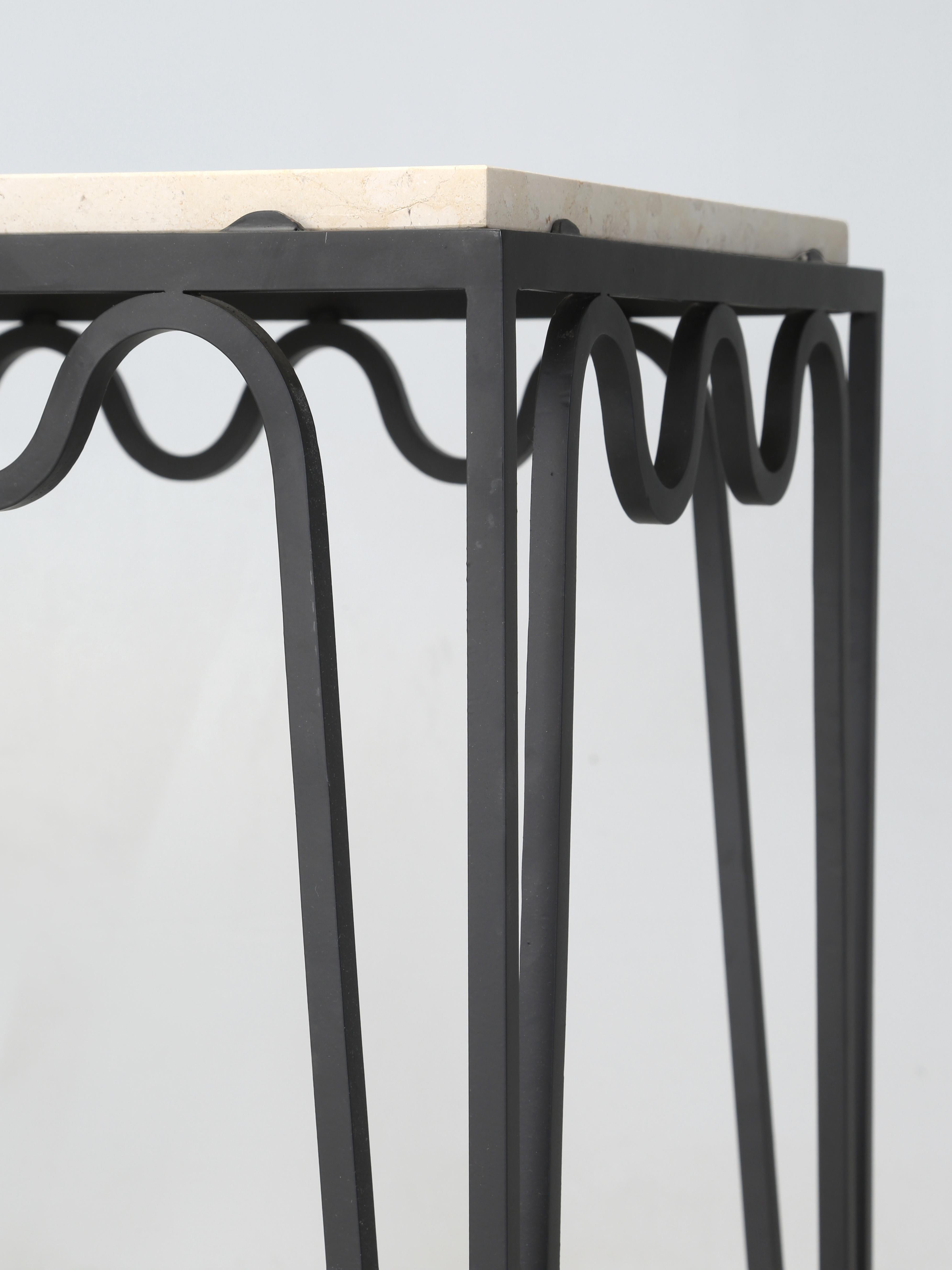 Stone Pair Undulating 'Méandre' Wrought Iron and Limestone Consoles by Design Frères For Sale