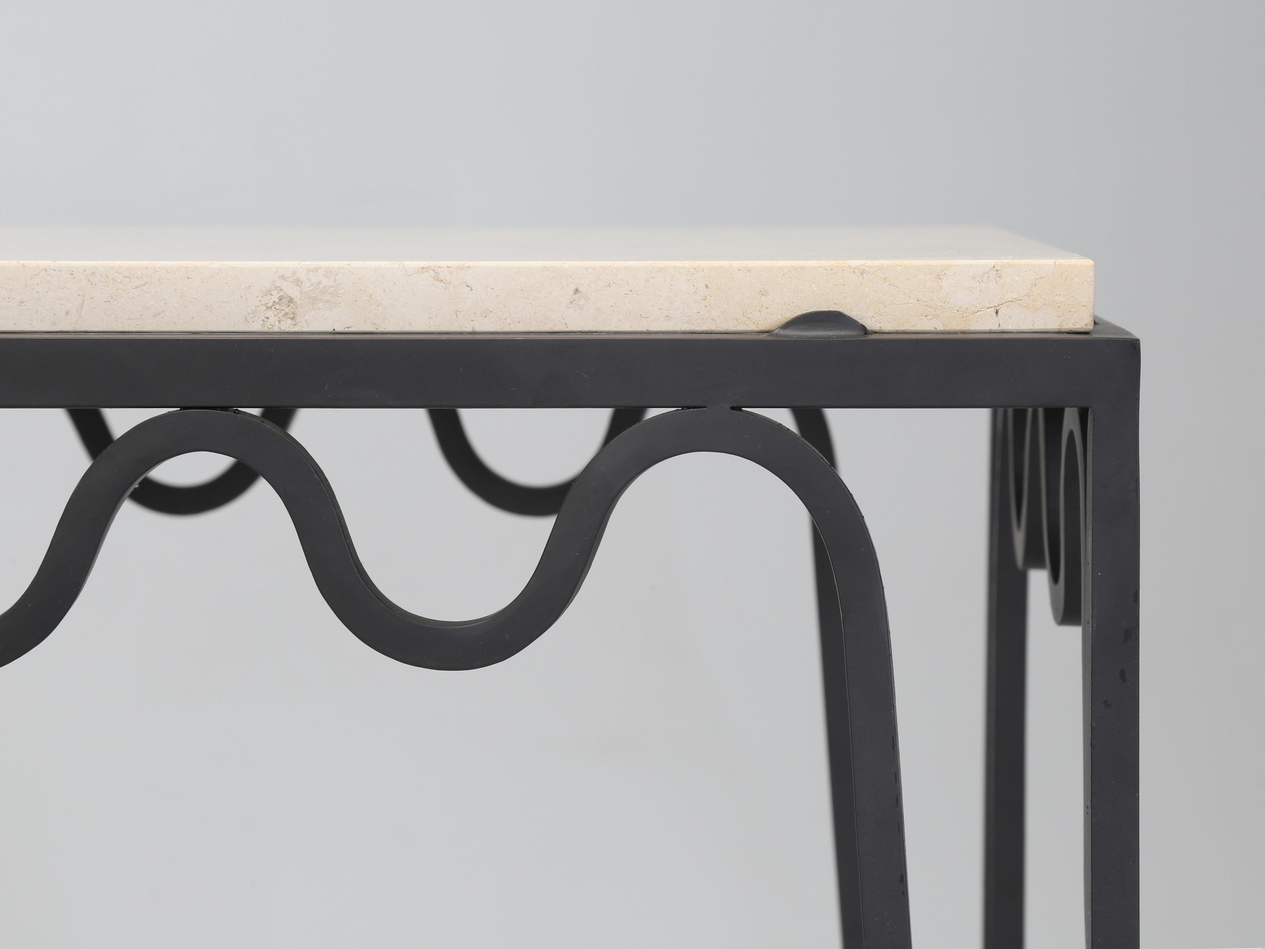 Pair Undulating 'Méandre' Wrought Iron and Limestone Consoles by Design Frères For Sale 1