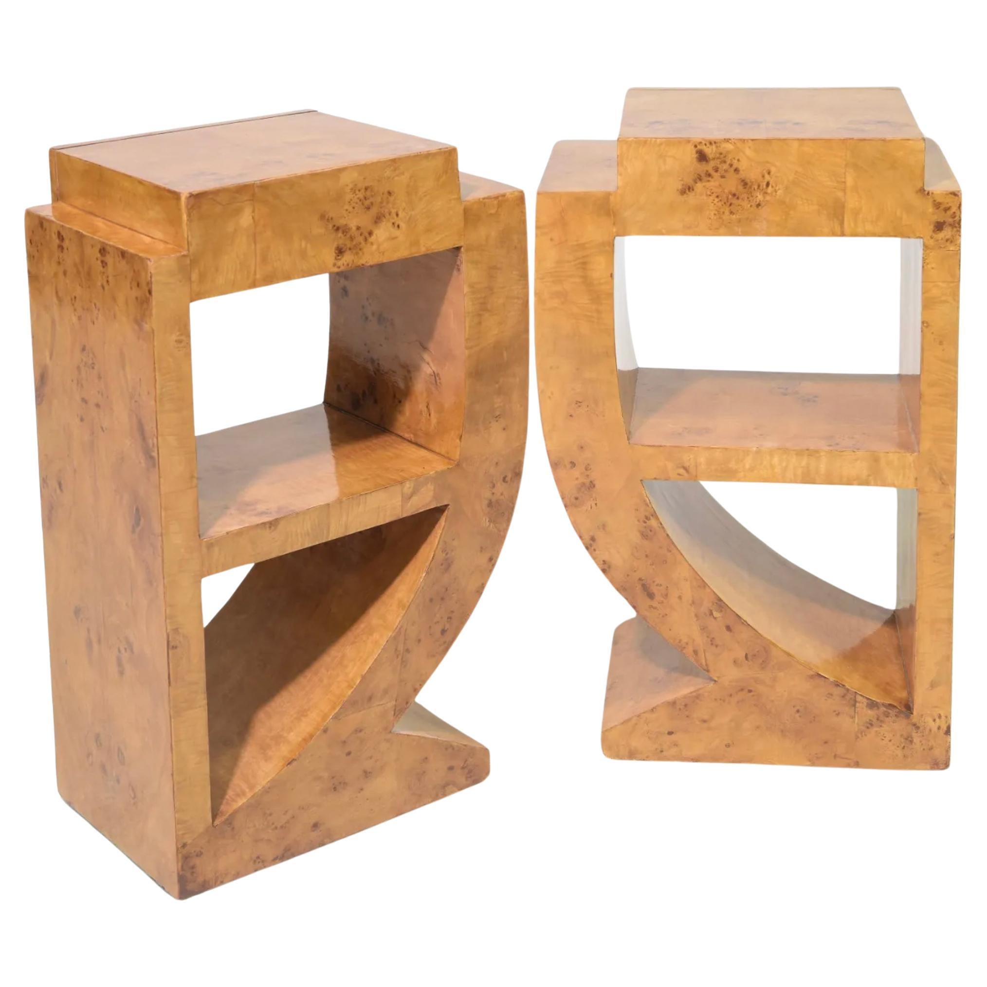 Italian Pair Unique Post modern Art Deco style Burl single Drawer nightstands end tables For Sale