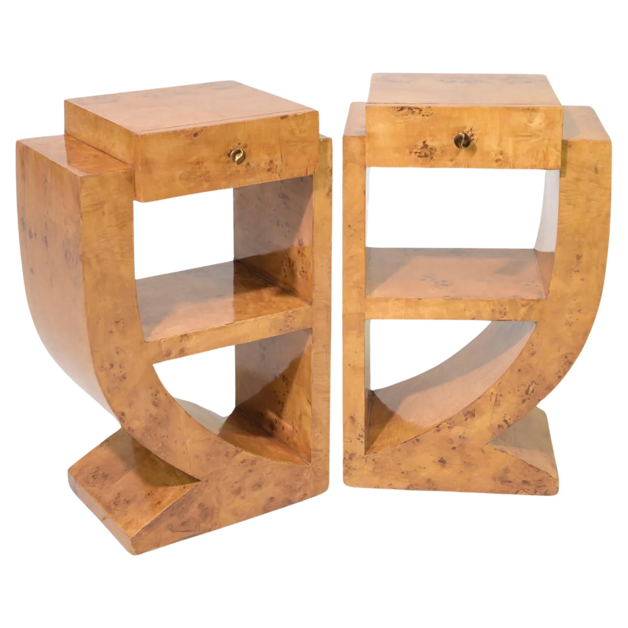 Pair Unique Post modern Art Deco style Burl single Drawer nightstands end tables For Sale