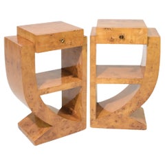 Used Pair Unique Post modern Art Deco style Burl single Drawer nightstands end tables