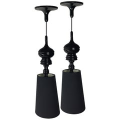 Pair of Unusual Black Pendant Lamps and Shades