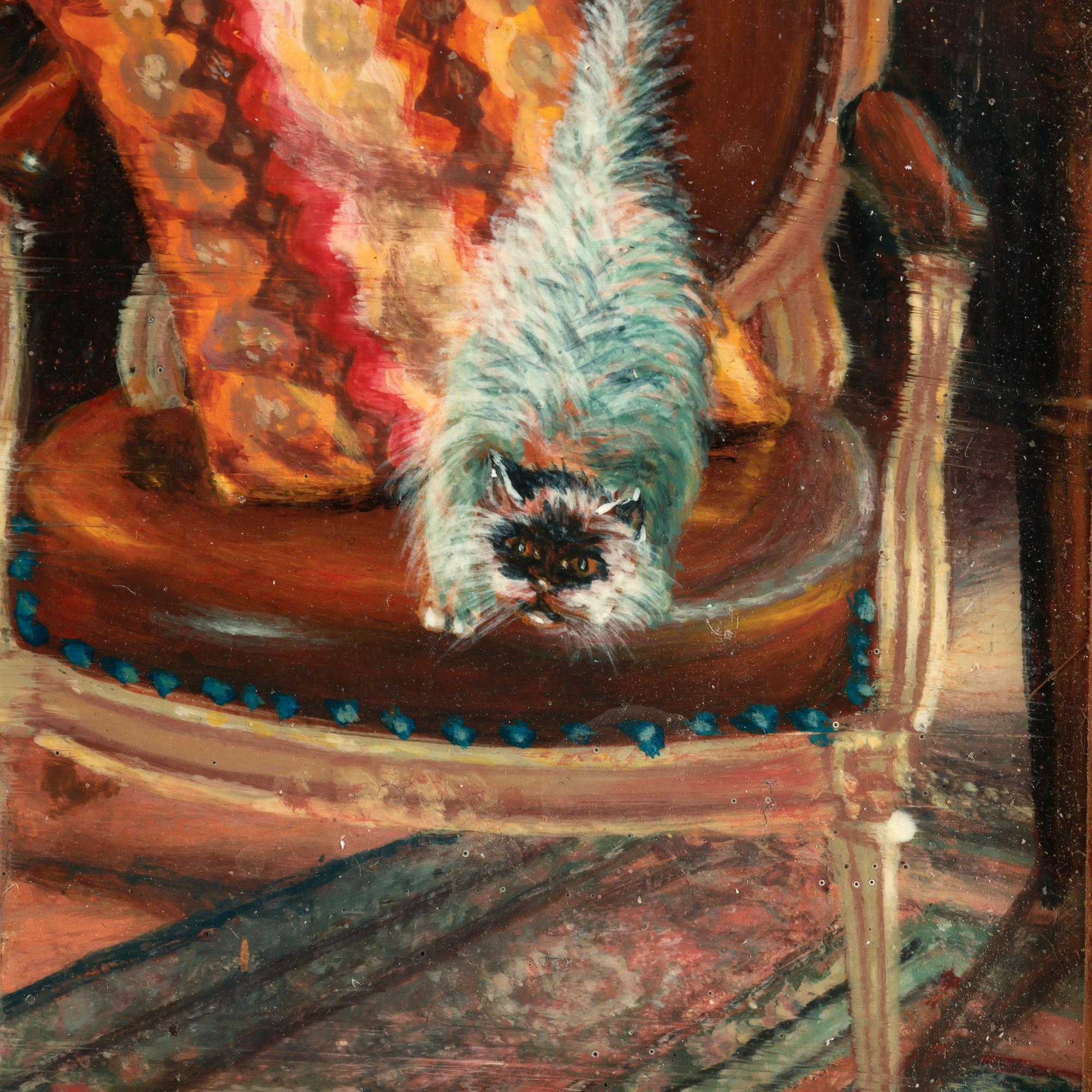 Un'insolita coppia incorniciata di dipinti a olio su tavola raffiguranti scene di interni con gatti, uno firmato Andrew Andrews e l'altro Emiliano Jnr e datato 1992. I dipinti, di forma quasi quadrata, sono di dimensioni simili e montati in cornici