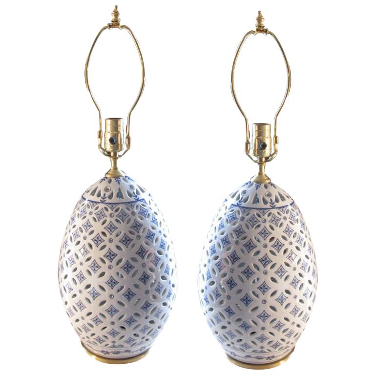 Pair Unusual hand painted, filigree "Egg" with lamp application For Sale