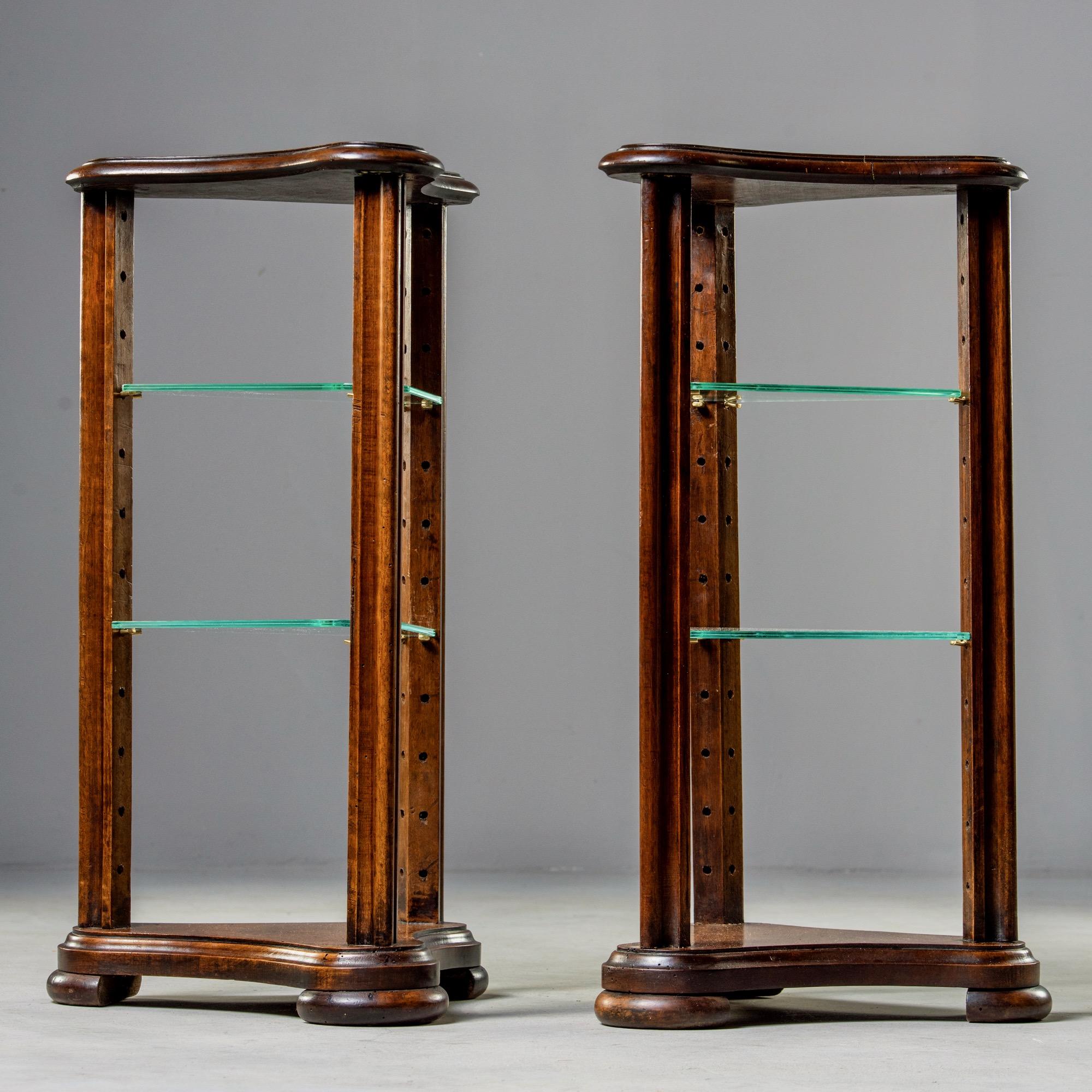 Pair of Unusual Walnut Stands with Glass Shelves For Sale 6