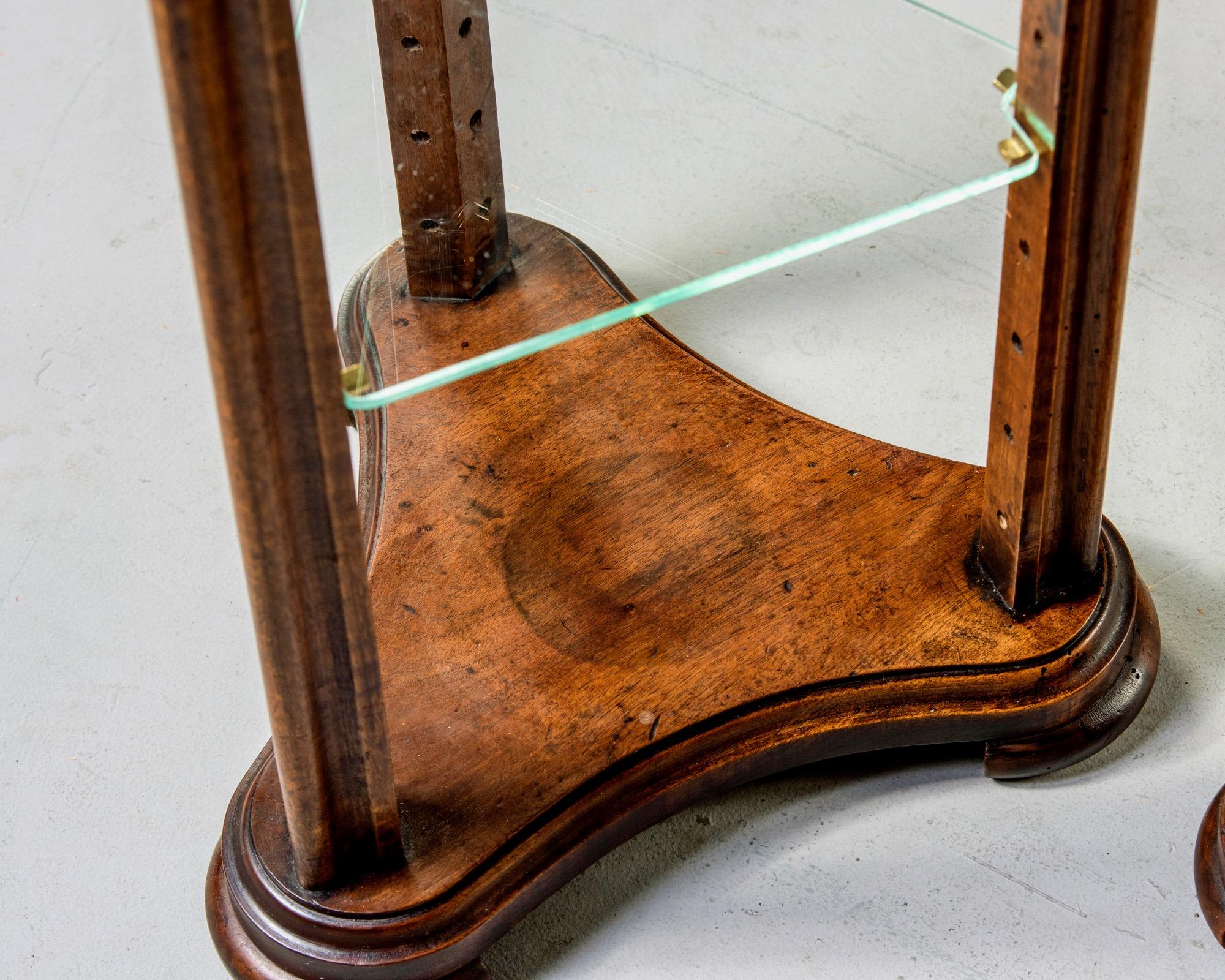 Pair of Unusual Walnut Stands with Glass Shelves For Sale 1
