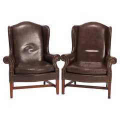 Used Pair Upholstered Leatherette Wingback Fireside Chairs 20th C