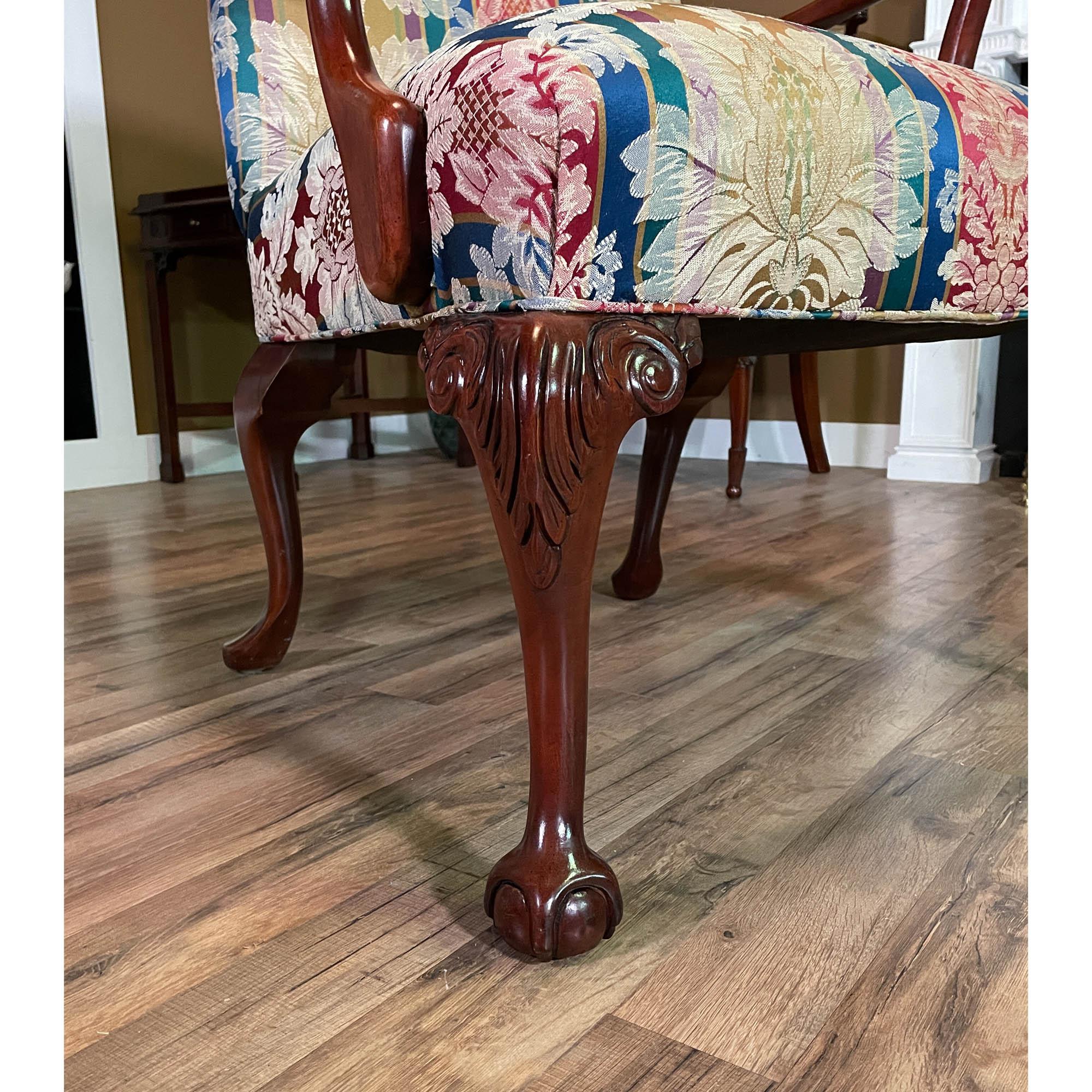 PAIR Upholstered Mahogany Arm Chairs For Sale at 1stDibs