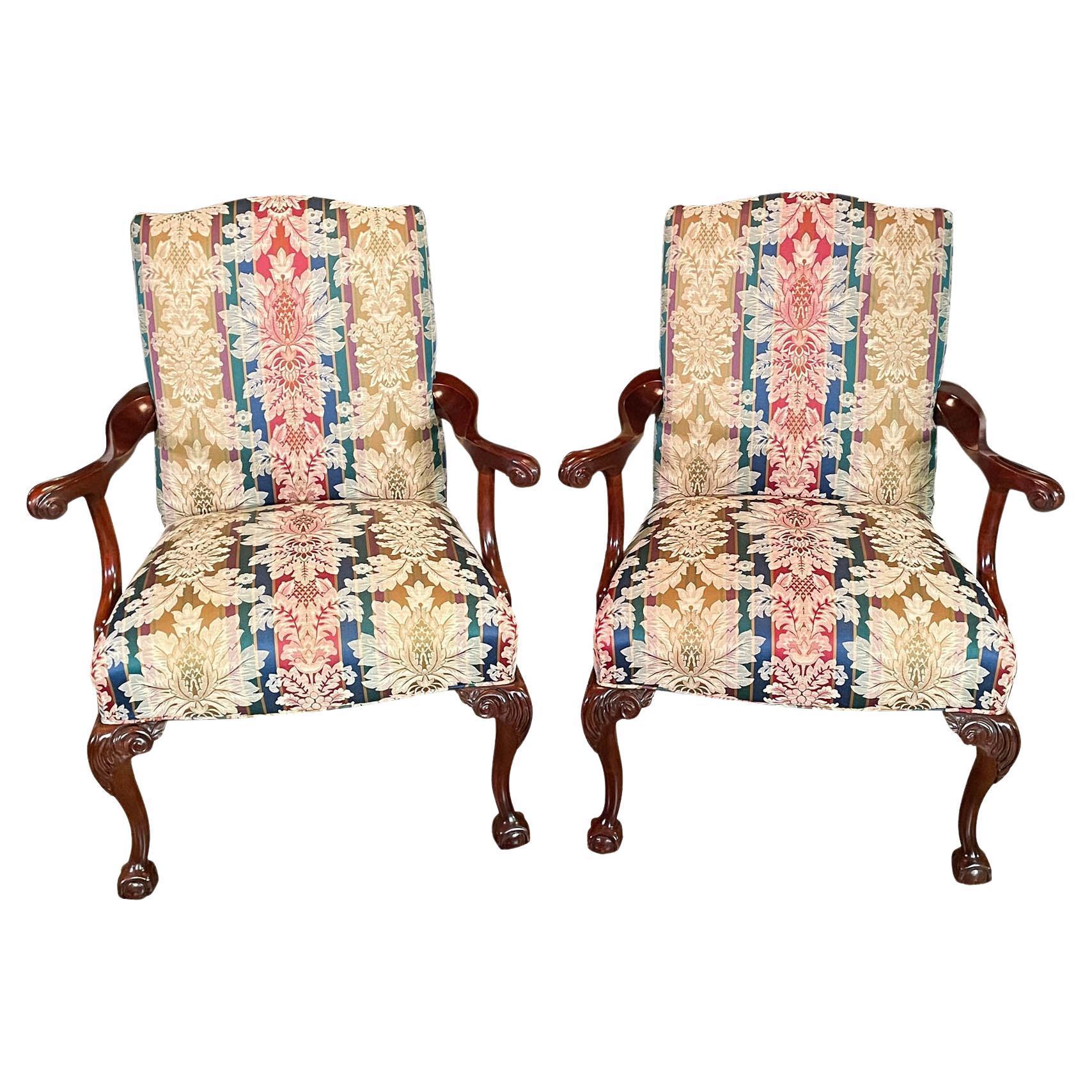 PAIR Upholstered Mahogany Arm Chairs For Sale at 1stDibs