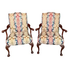PAIR Upholstered Mahogany Arm Chairs PAIR Upholstered Mahogany Arm Chairs