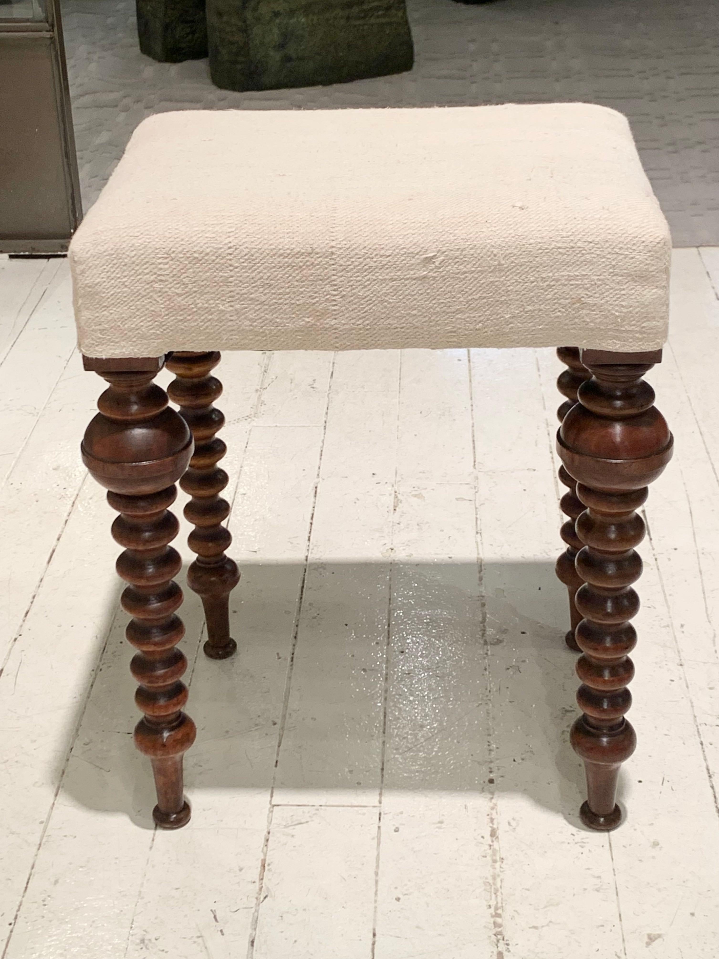 Pair Upholstered Spool Leg Foot Stools, England, 19th Century In Good Condition In New York, NY