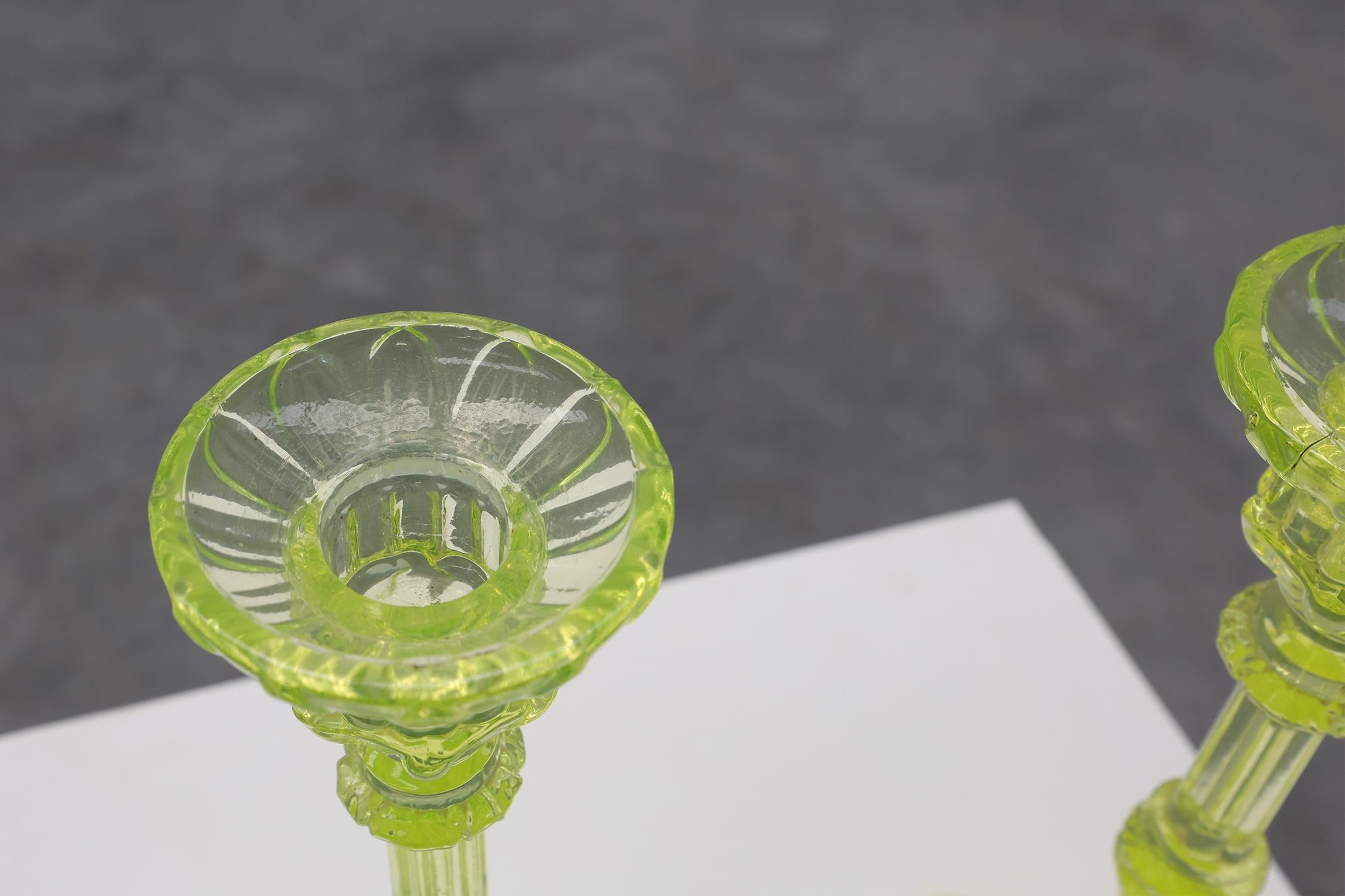 Pair Uranium or annagreen glass candlesticks by Vallerysthal & Portieux, France For Sale 4