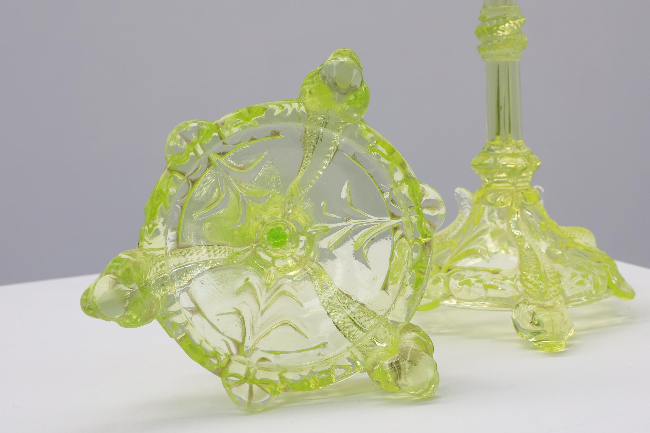 Pair Uranium or annagreen glass candlesticks by Vallerysthal & Portieux, France For Sale 5