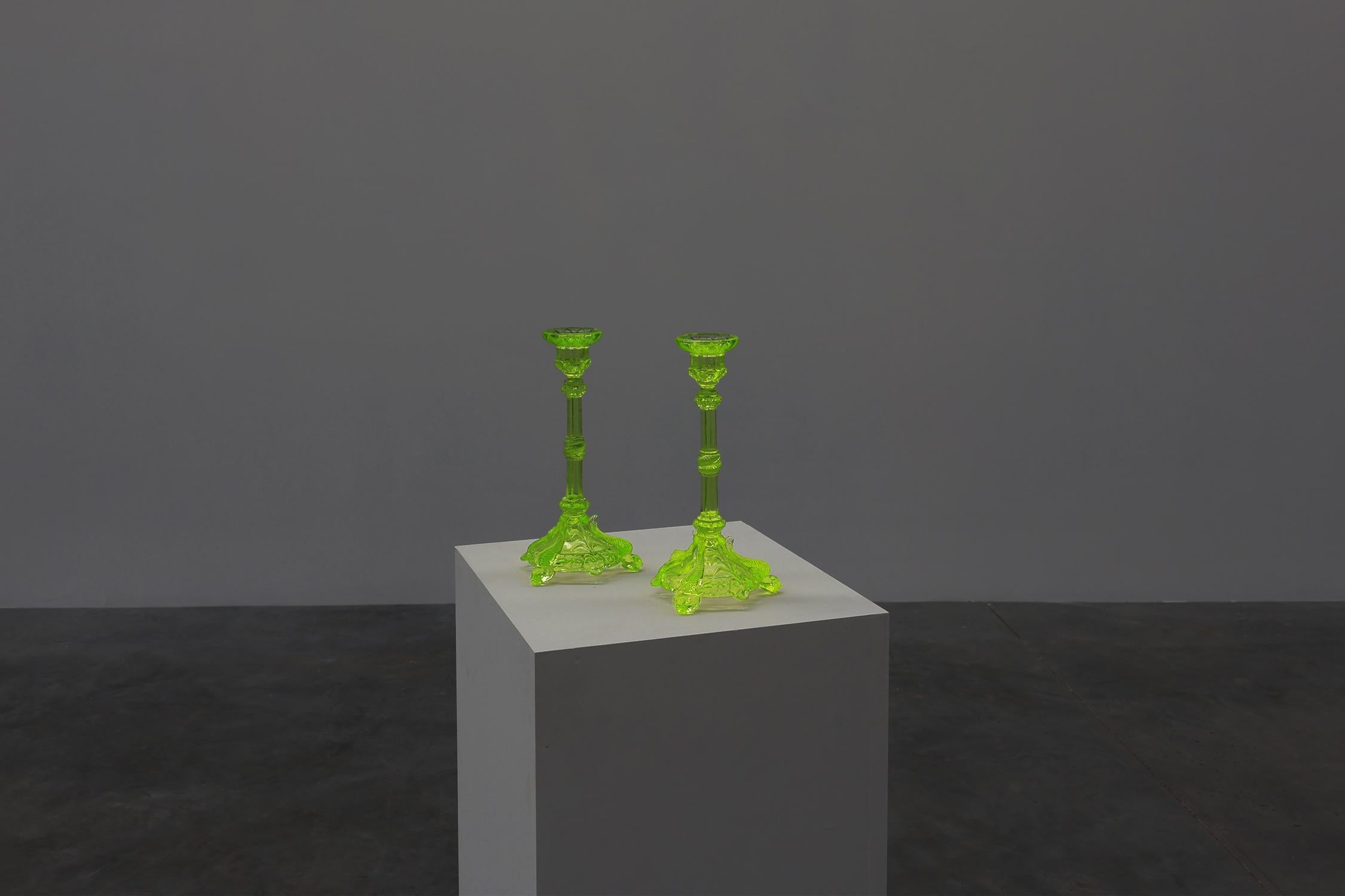 France / 1950 / pair of candlesticks / Vallerysthal & Portieux / uranium glass / Mid-century / Vintage

A beautiful example of glass candlesticks made of cast uranium glass or anna green glass. These rare candlesticks have beautiful cut motifs and
