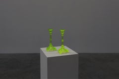Pair Uranium or annagreen glass candlesticks by Vallerysthal & Portieux, France