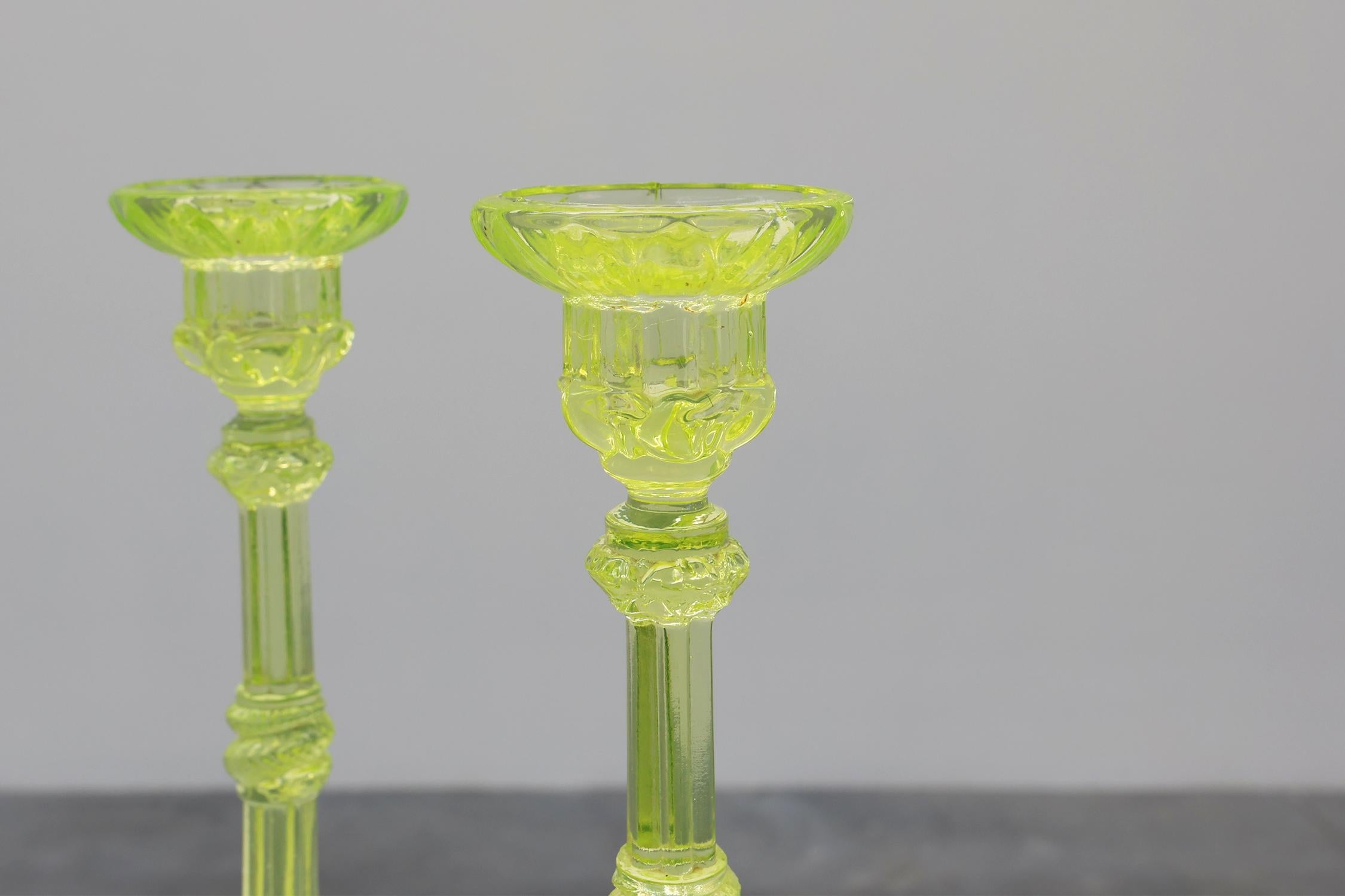 Mid-Century Modern Pair Uranium or annagreen glass candlesticks by Vallerysthal & Portieux, France For Sale