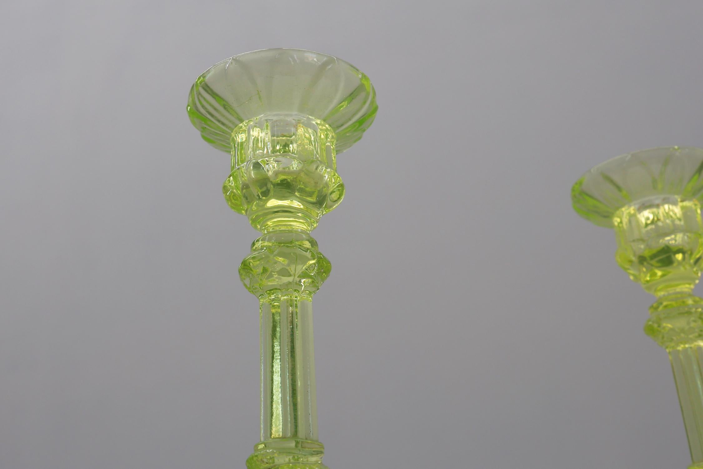 French Pair Uranium or annagreen glass candlesticks by Vallerysthal & Portieux, France For Sale