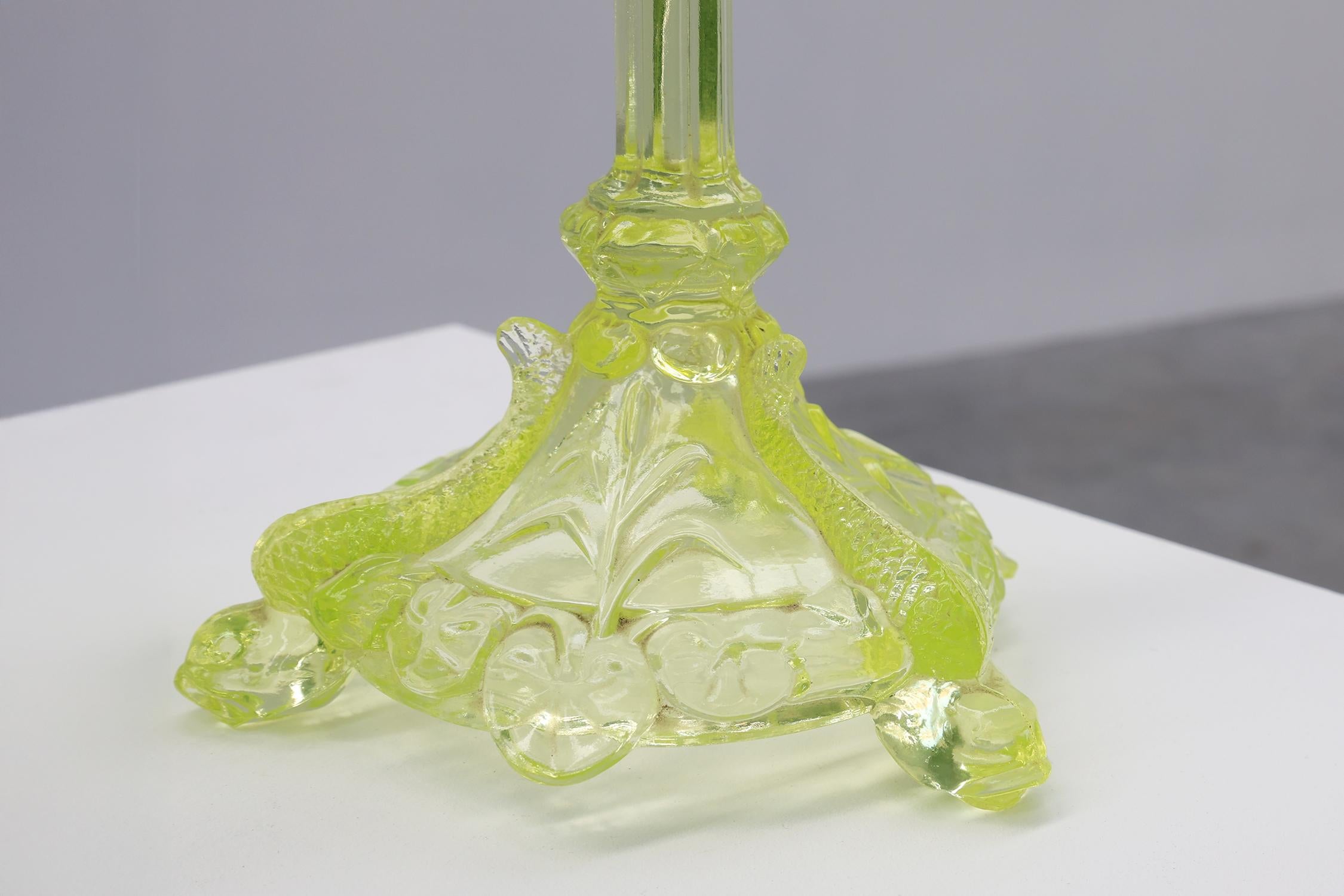 Pair Uranium or annagreen glass candlesticks by Vallerysthal & Portieux, France For Sale 2