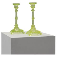 Pair Uranium or annagreen glass candlesticks by Vallerysthal & Portieux, France