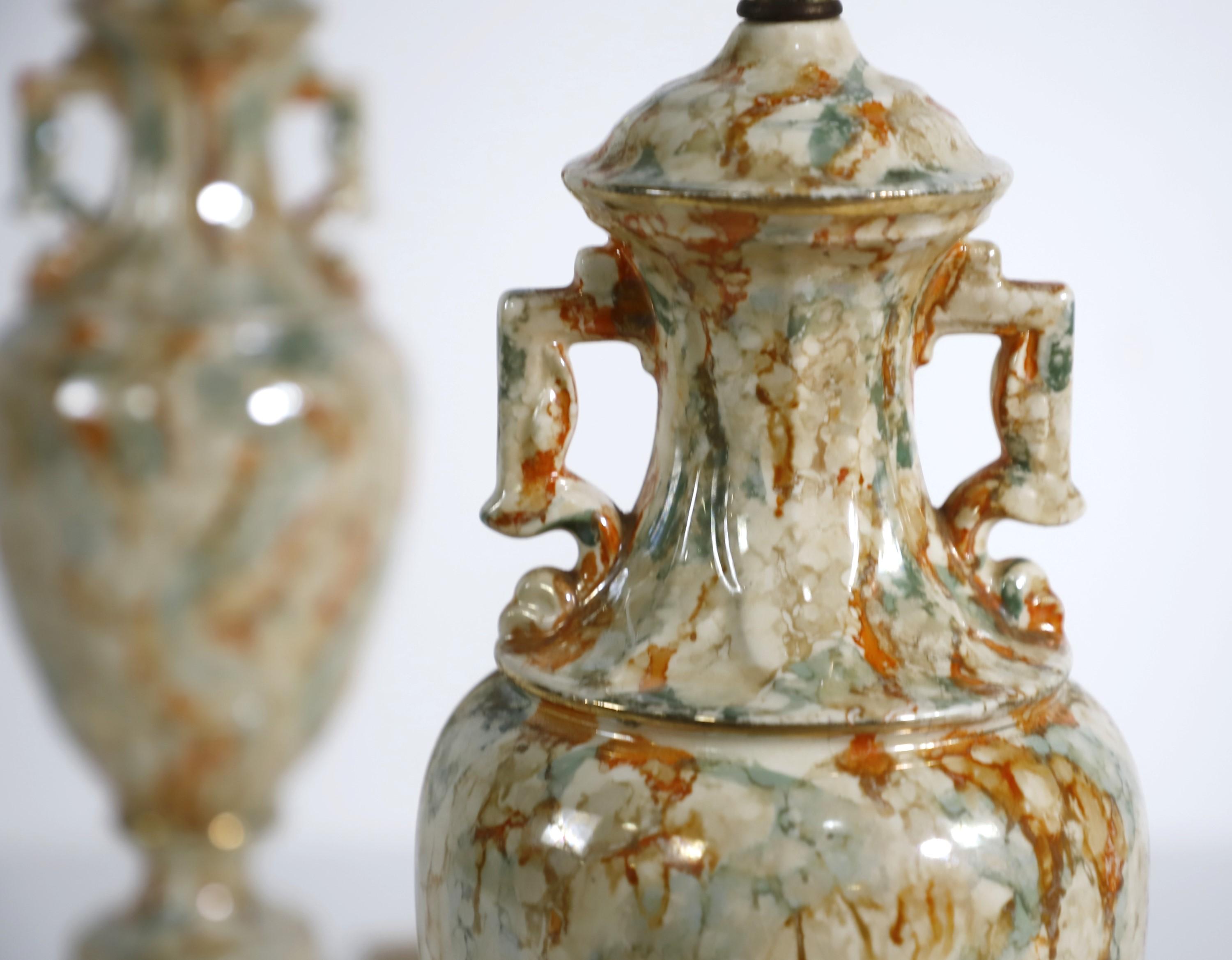Pair Urn Style Neutral Marble Effect Ceramic Table Lamps In Good Condition For Sale In New York, NY
