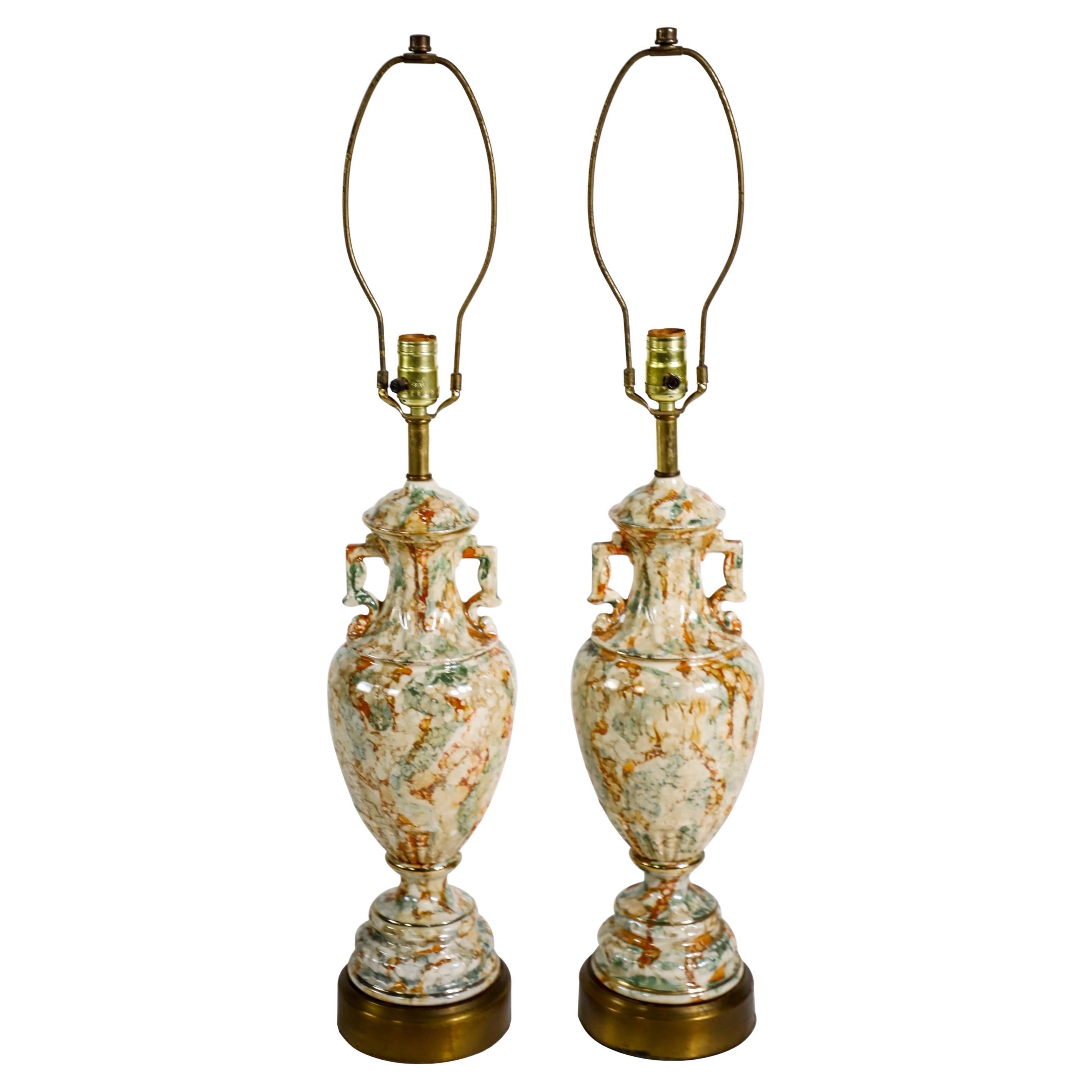 Pair Urn Style Neutral Marble Effect Ceramic Table Lamps For Sale