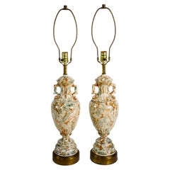 Pair Urn Style Neutral Marble Effect Ceramic Table Lamps