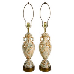 Vintage Pair Urn Style Neutral Marble Effect Ceramic Table Lamps