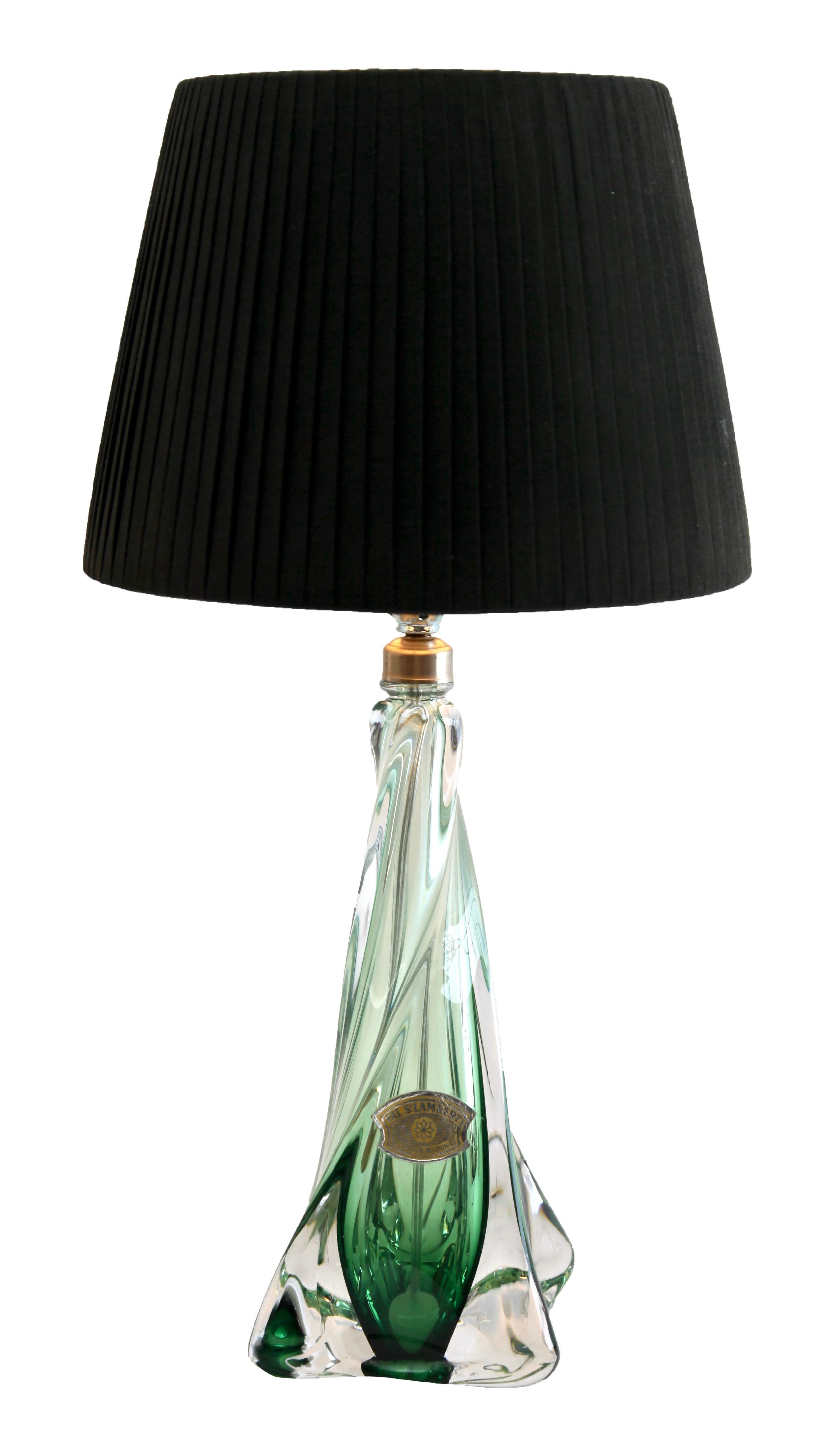 Mid-Century Modern Pair Val Saint Lambert  'Twisted Lights' Crystal Table Lamp in Emerald Green