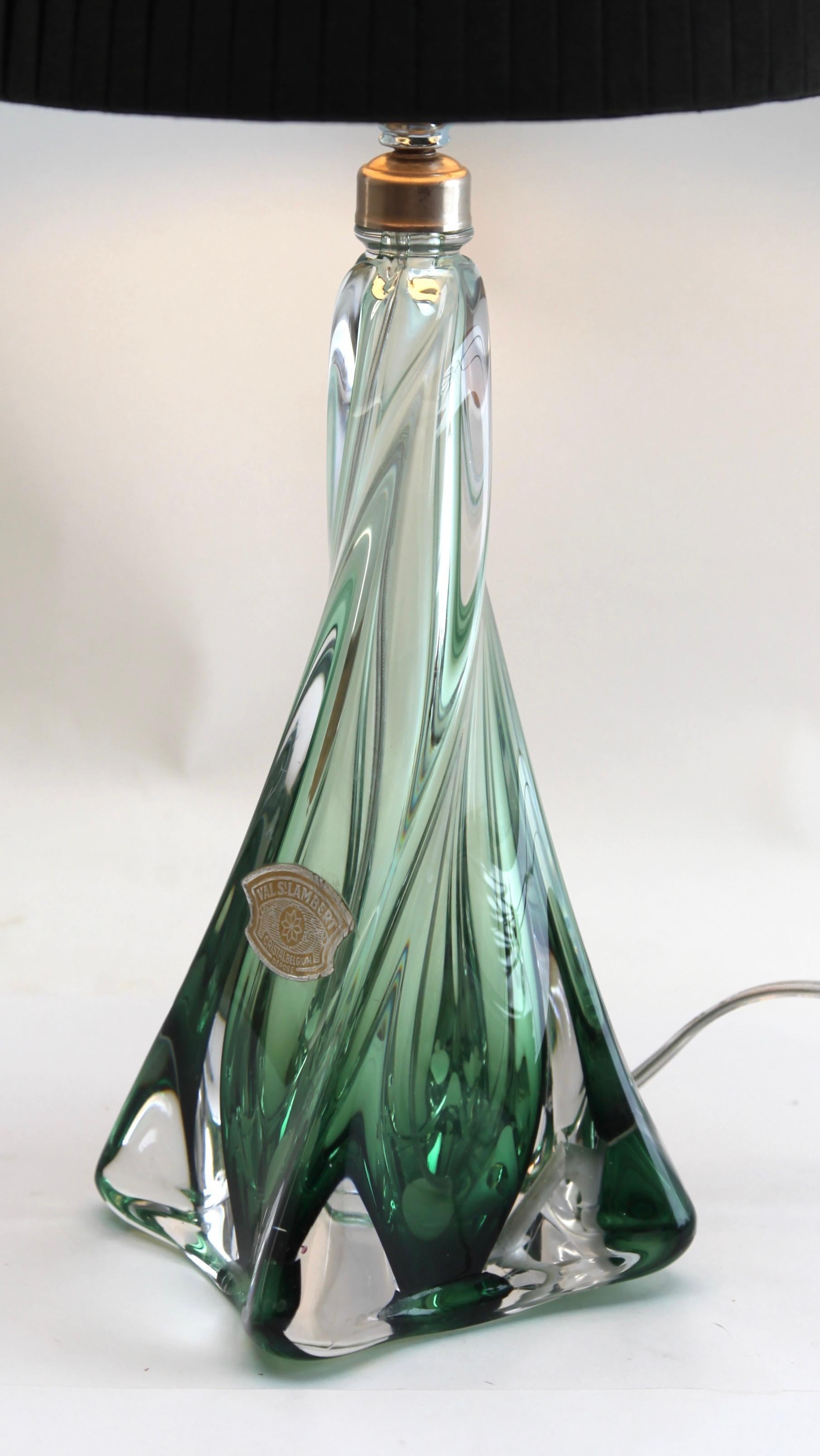 Belgian Pair Val Saint Lambert  'Twisted Lights' Crystal Table Lamp in Emerald Green